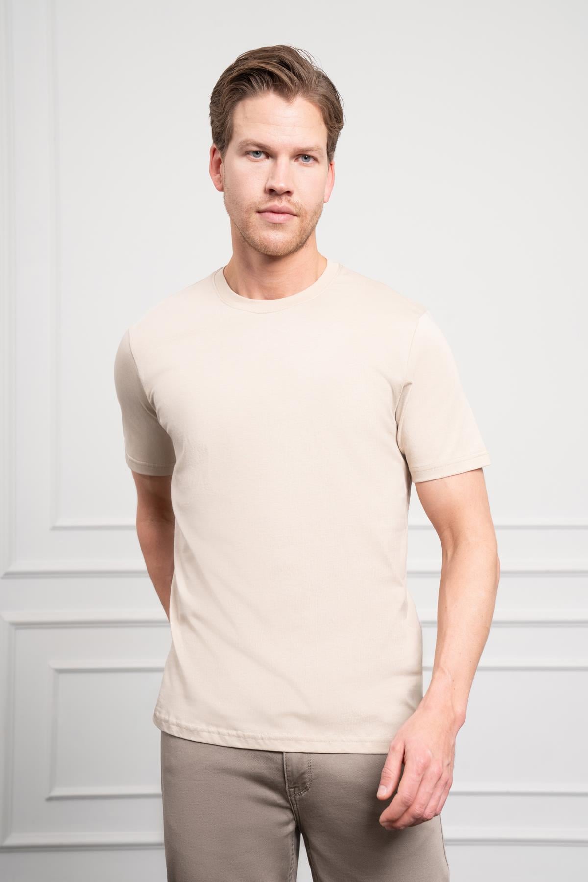 Morven Erkek Bej Basic Bisiklet Yaka Dynamic Fit Pamuk T-Shirt