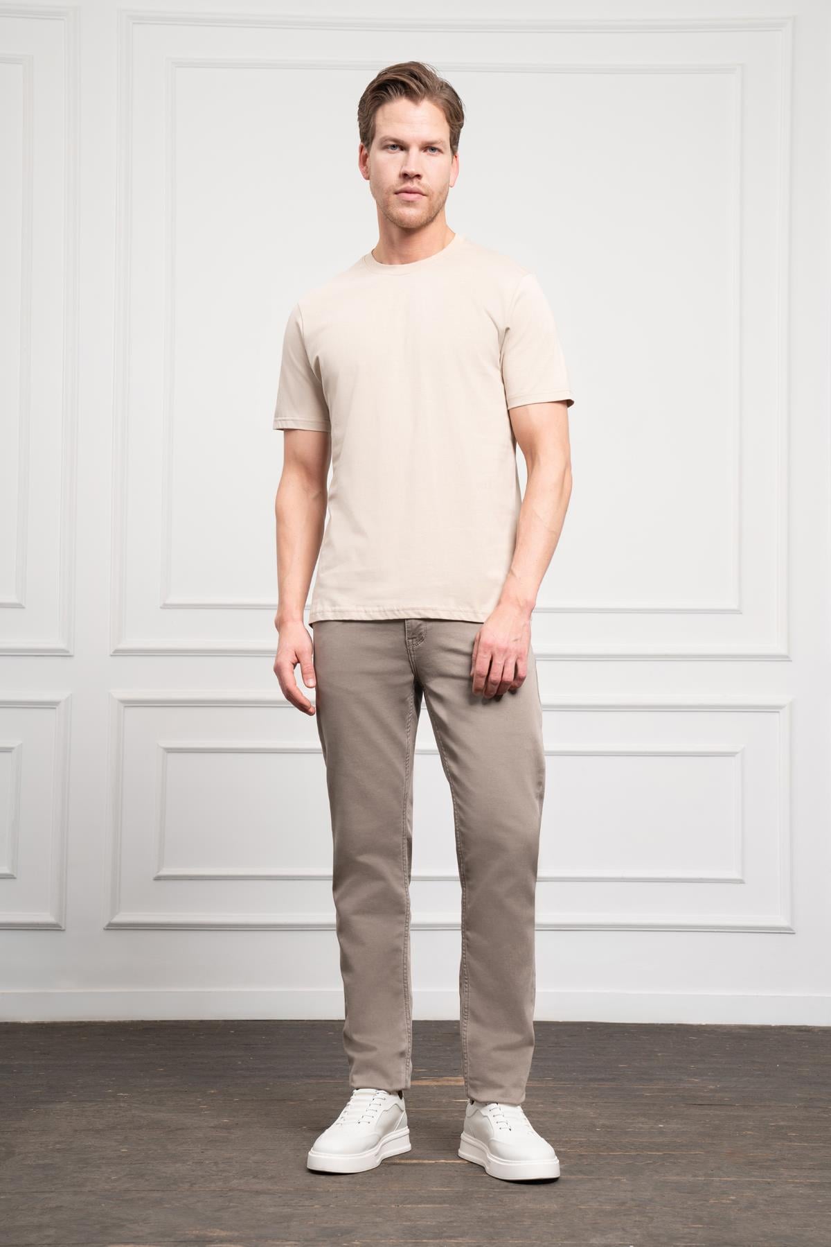 Morven Erkek Bej Basic Bisiklet Yaka Dynamic Fit Pamuk T-Shirt