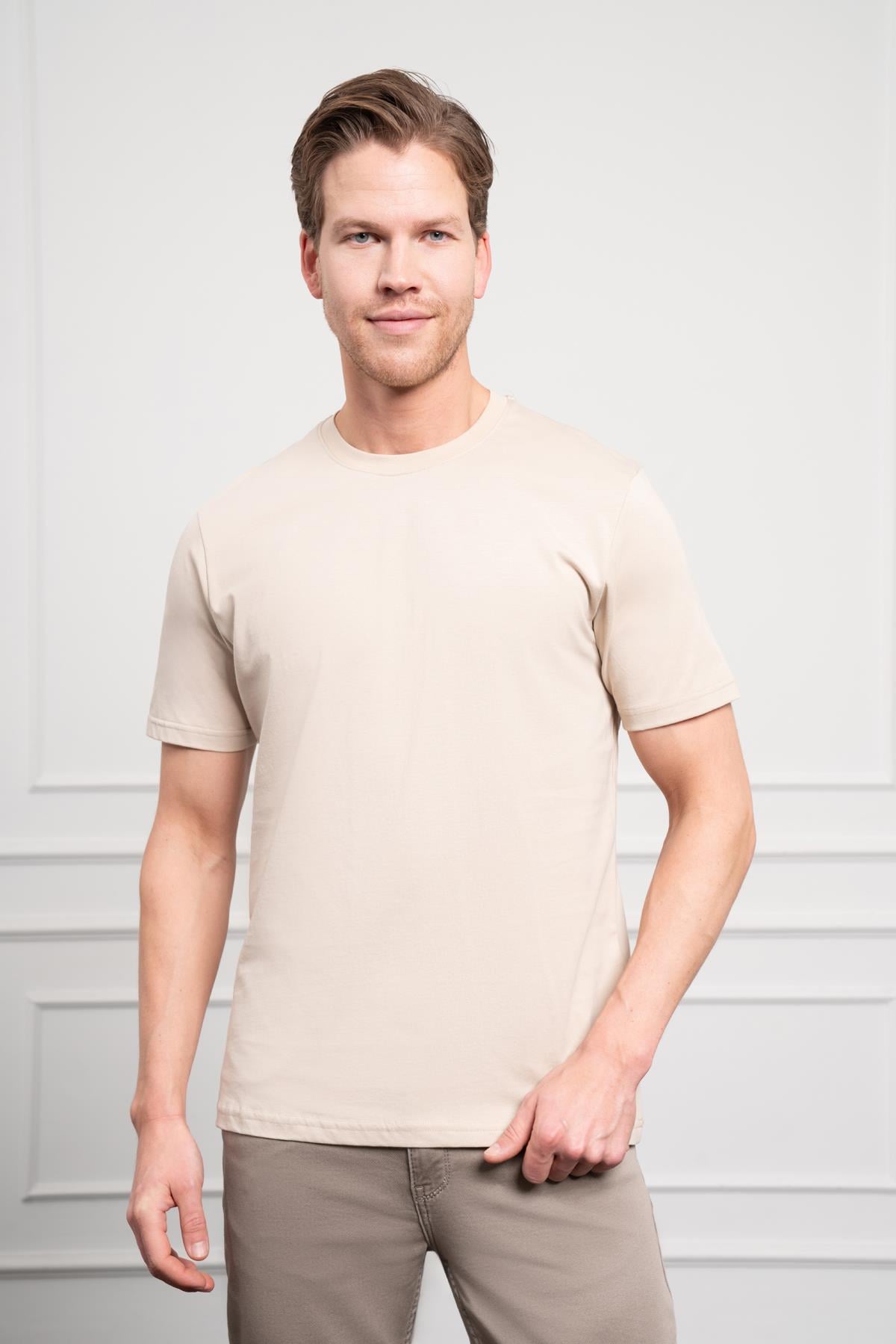 Morven Erkek Bej Basic Bisiklet Yaka Dynamic Fit Pamuk T-Shirt