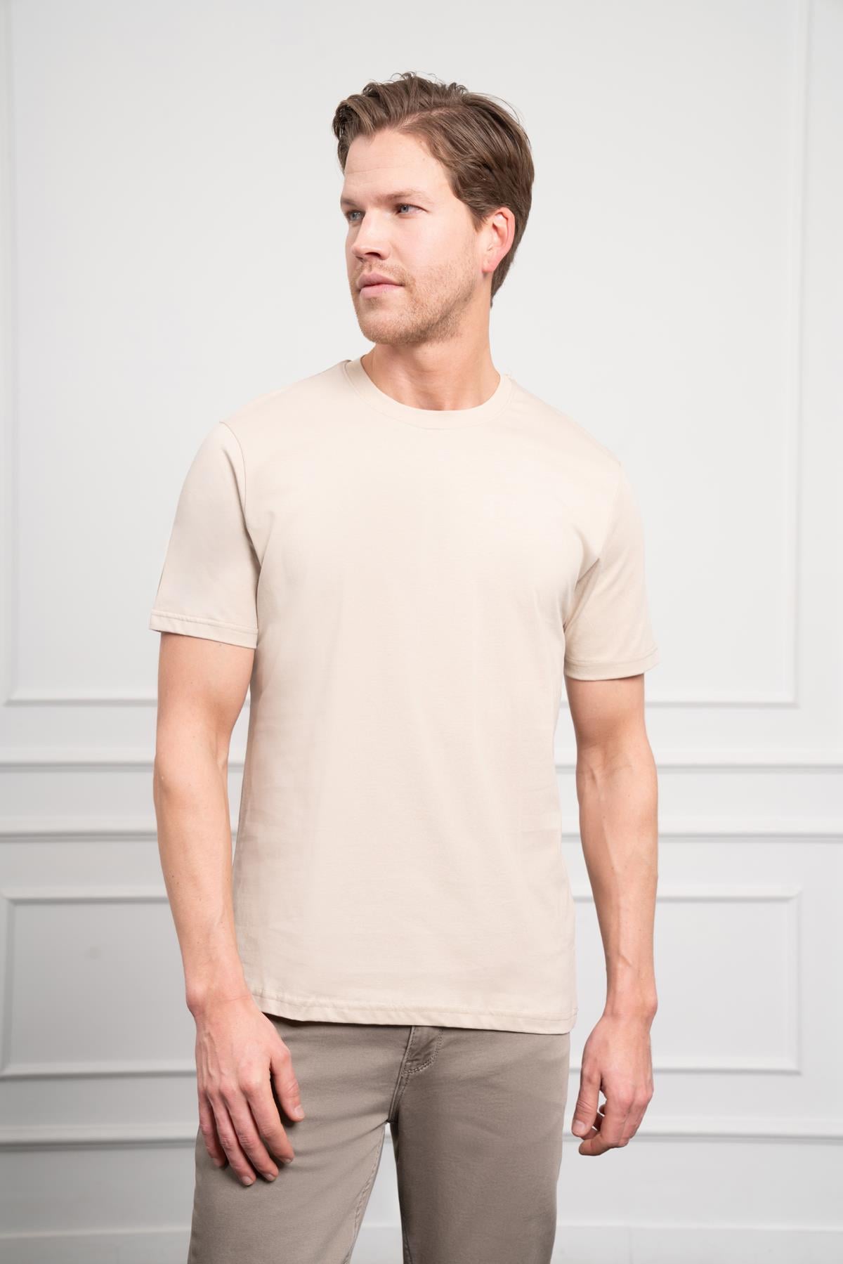 Morven Erkek Bej Basic Bisiklet Yaka Dynamic Fit Pamuk T-Shirt