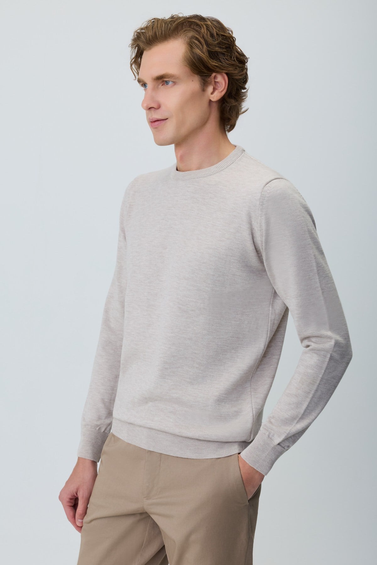 Morven Erkek Bej Basic Bisiklet Yaka Triko