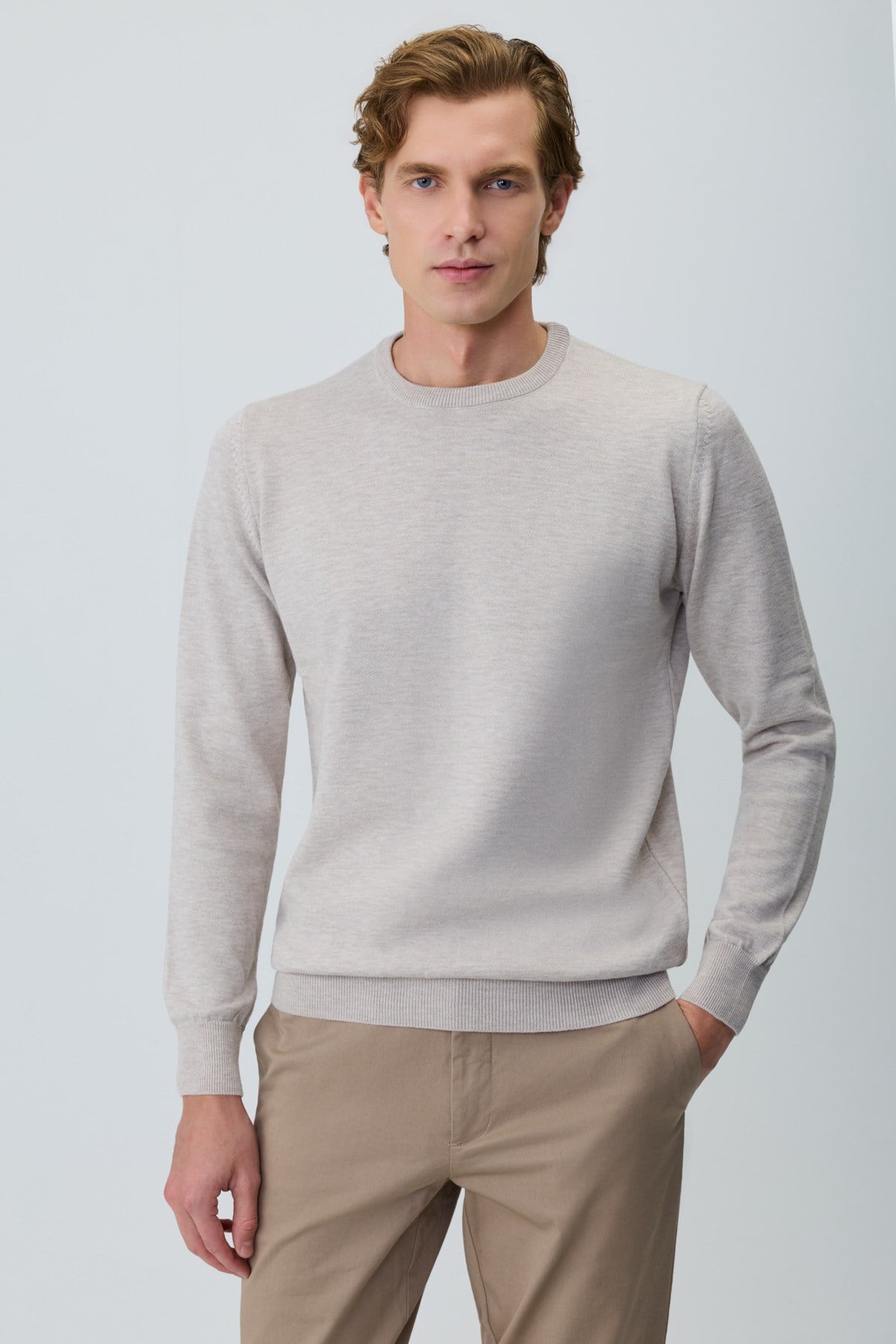 Morven Erkek Bej Basic Bisiklet Yaka Triko