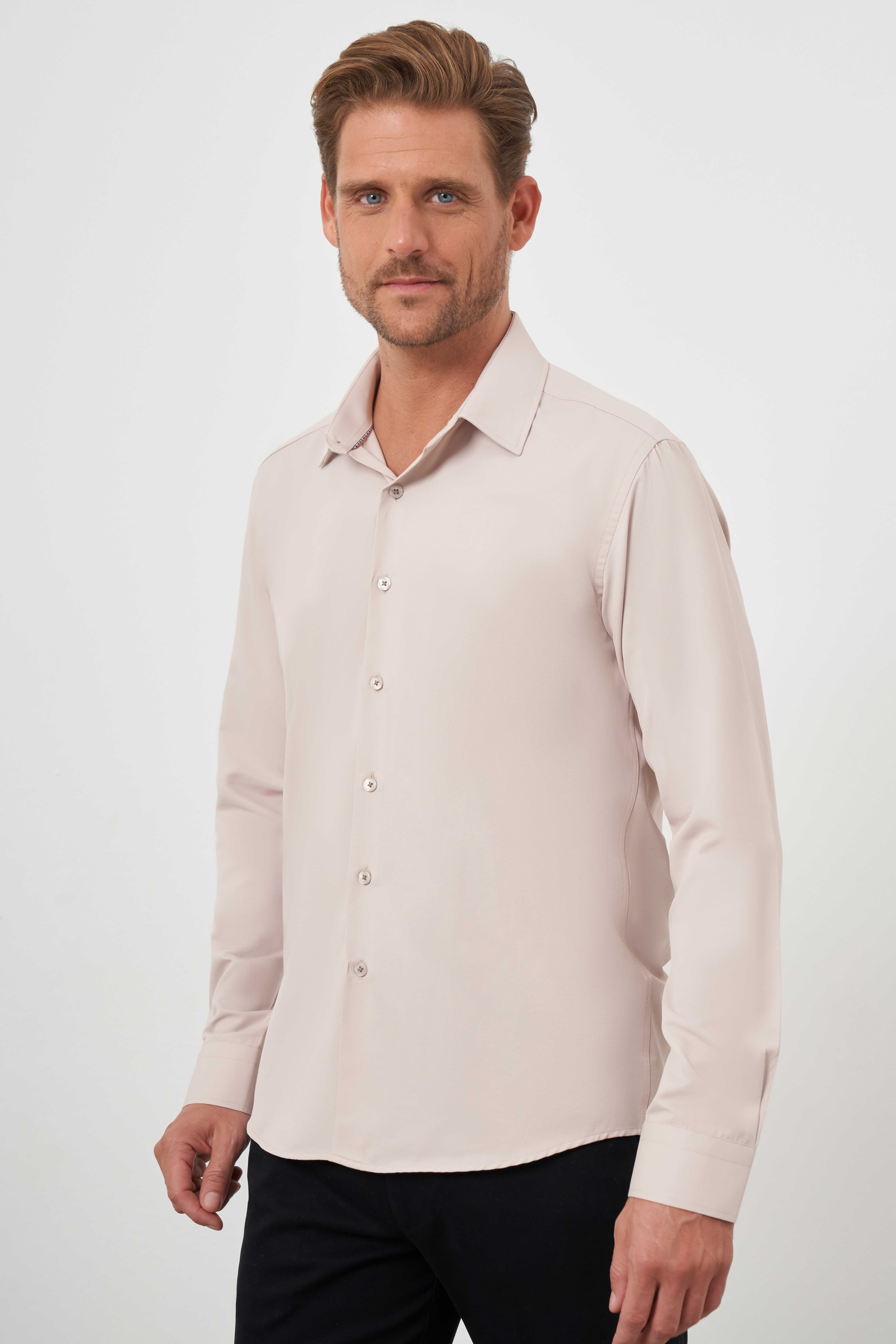 Morven Erkek Bej Basic Düz Desen Sert Yaka Slim Fit Gömlek