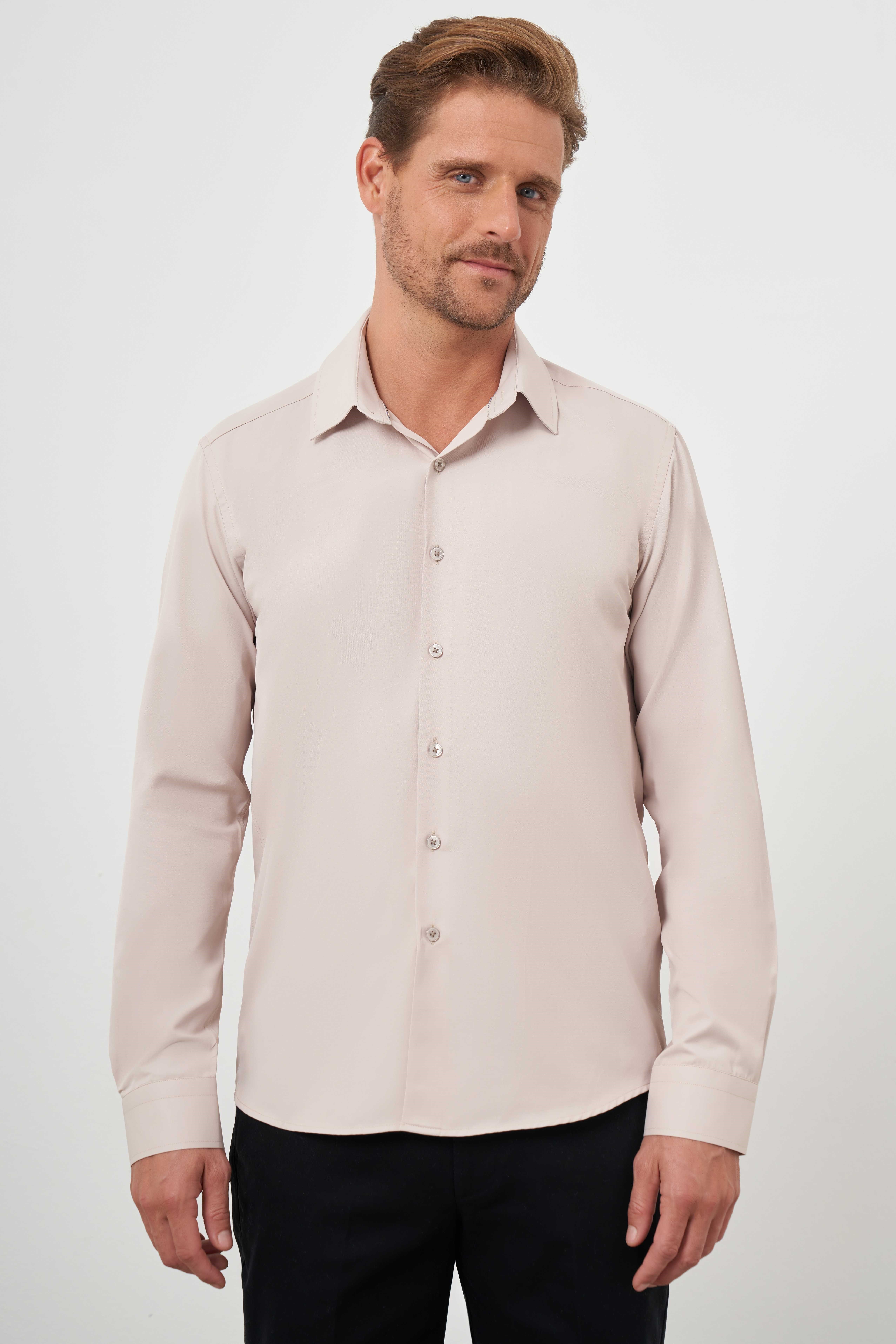 Morven Erkek Bej Basic Düz Desen Sert Yaka Slim Fit Gömlek