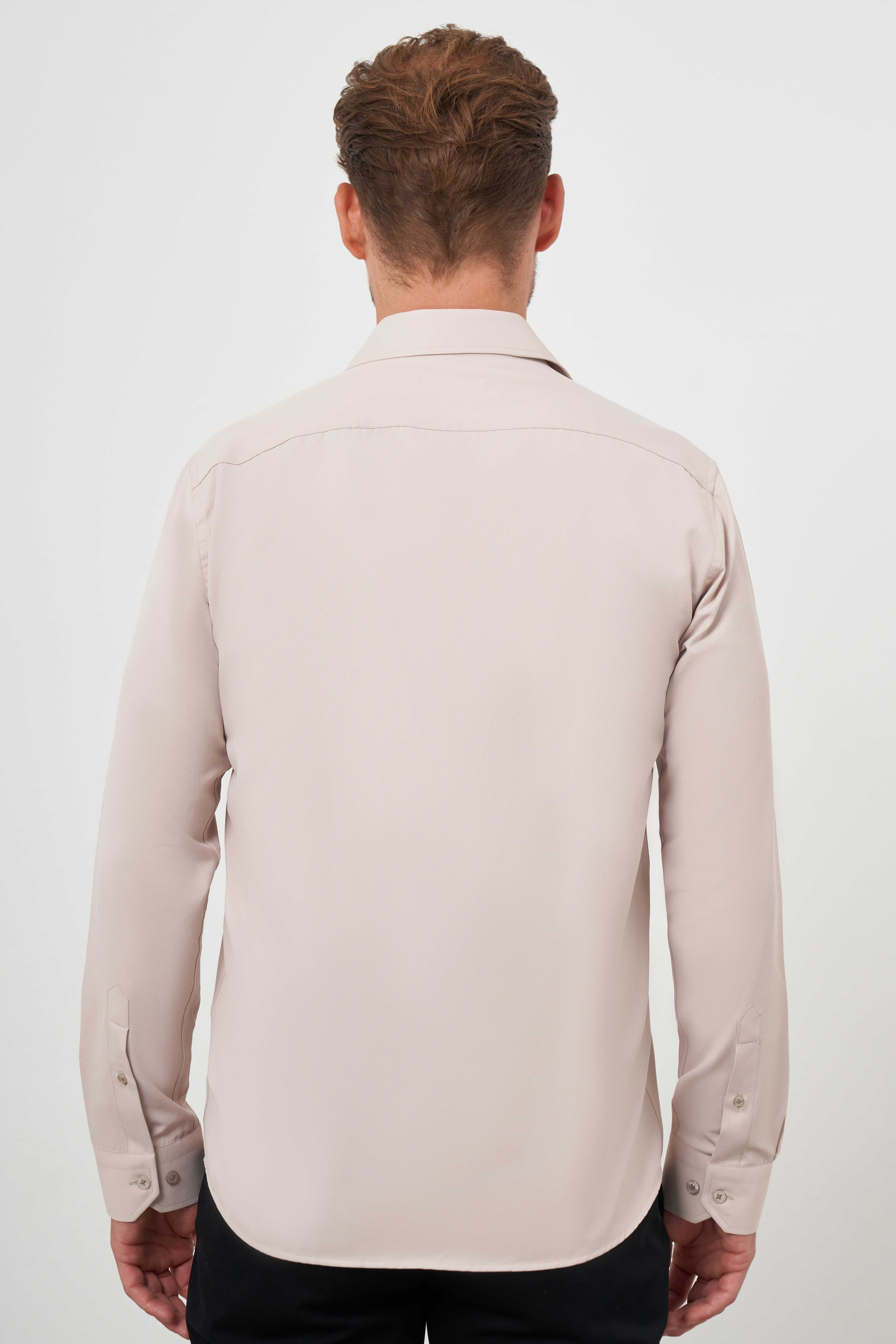 Morven Erkek Bej Basic Düz Desen Sert Yaka Slim Fit Gömlek