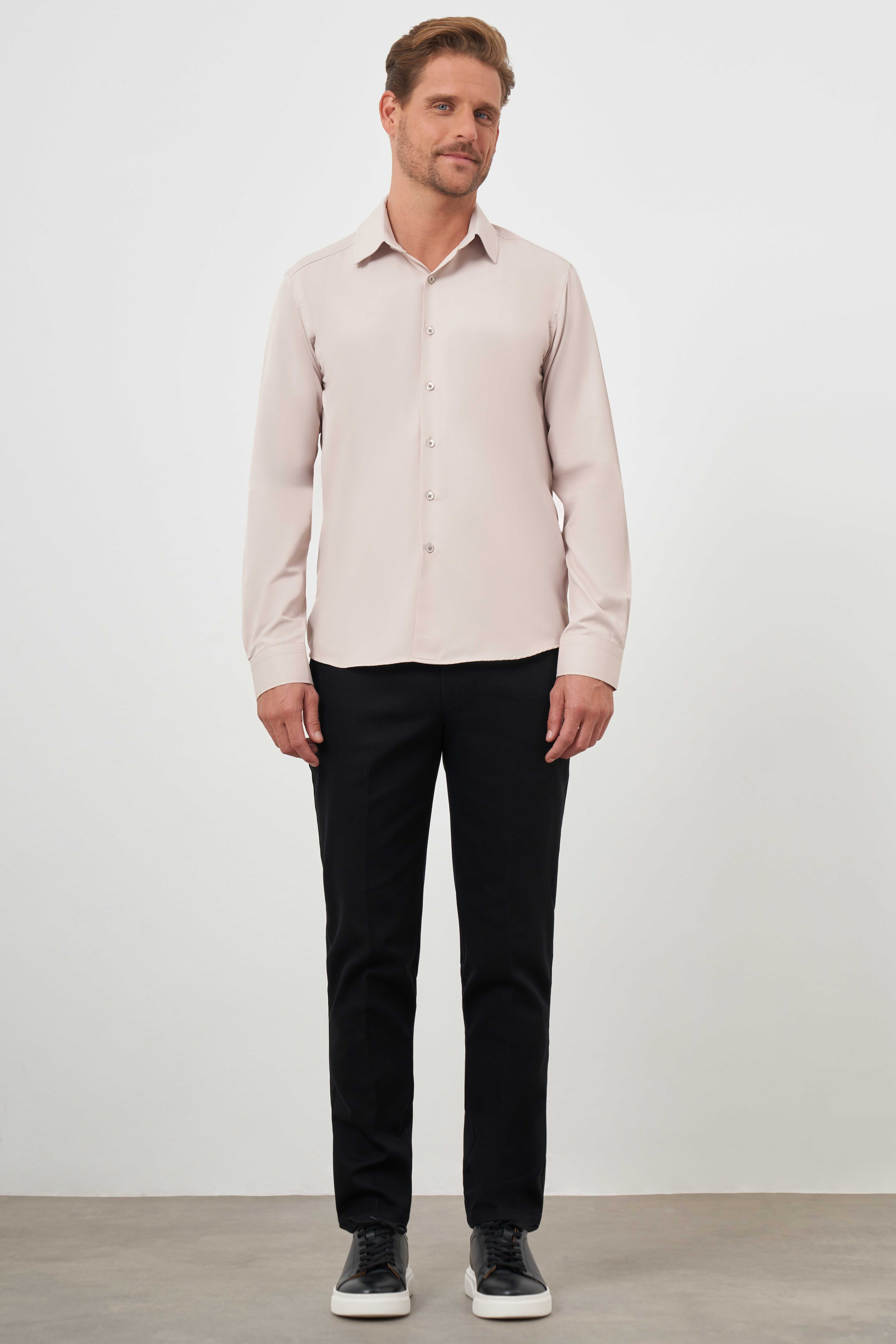 Morven Erkek Bej Basic Düz Desen Sert Yaka Slim Fit Gömlek