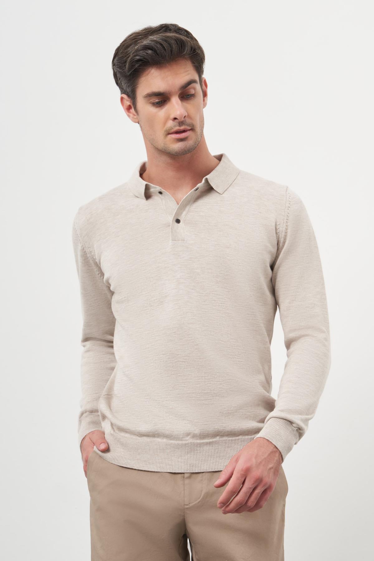 Morven Erkek Bej Basic Polo Yaka Dynamic Fit Rahat Kesim Triko