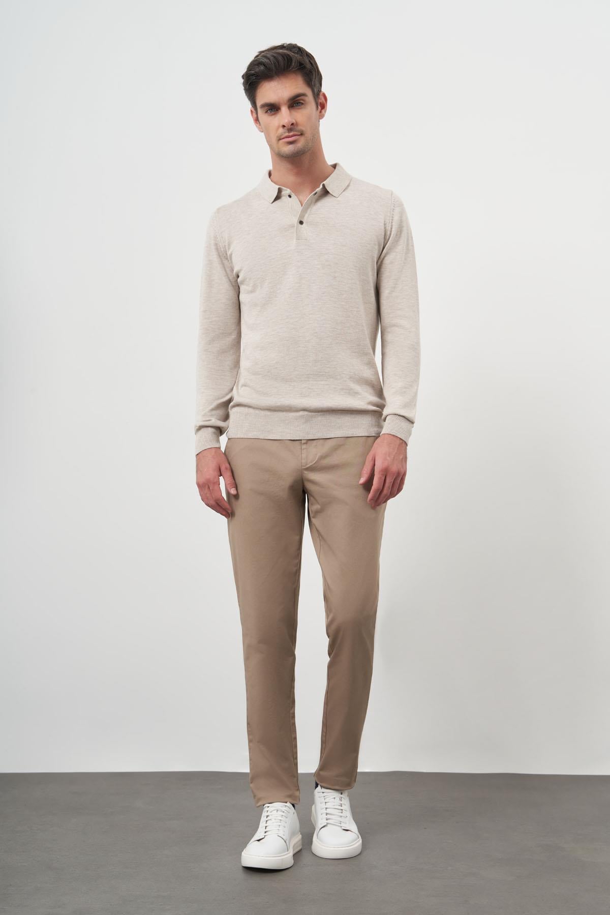 Morven Erkek Bej Basic Polo Yaka Dynamic Fit Rahat Kesim Triko