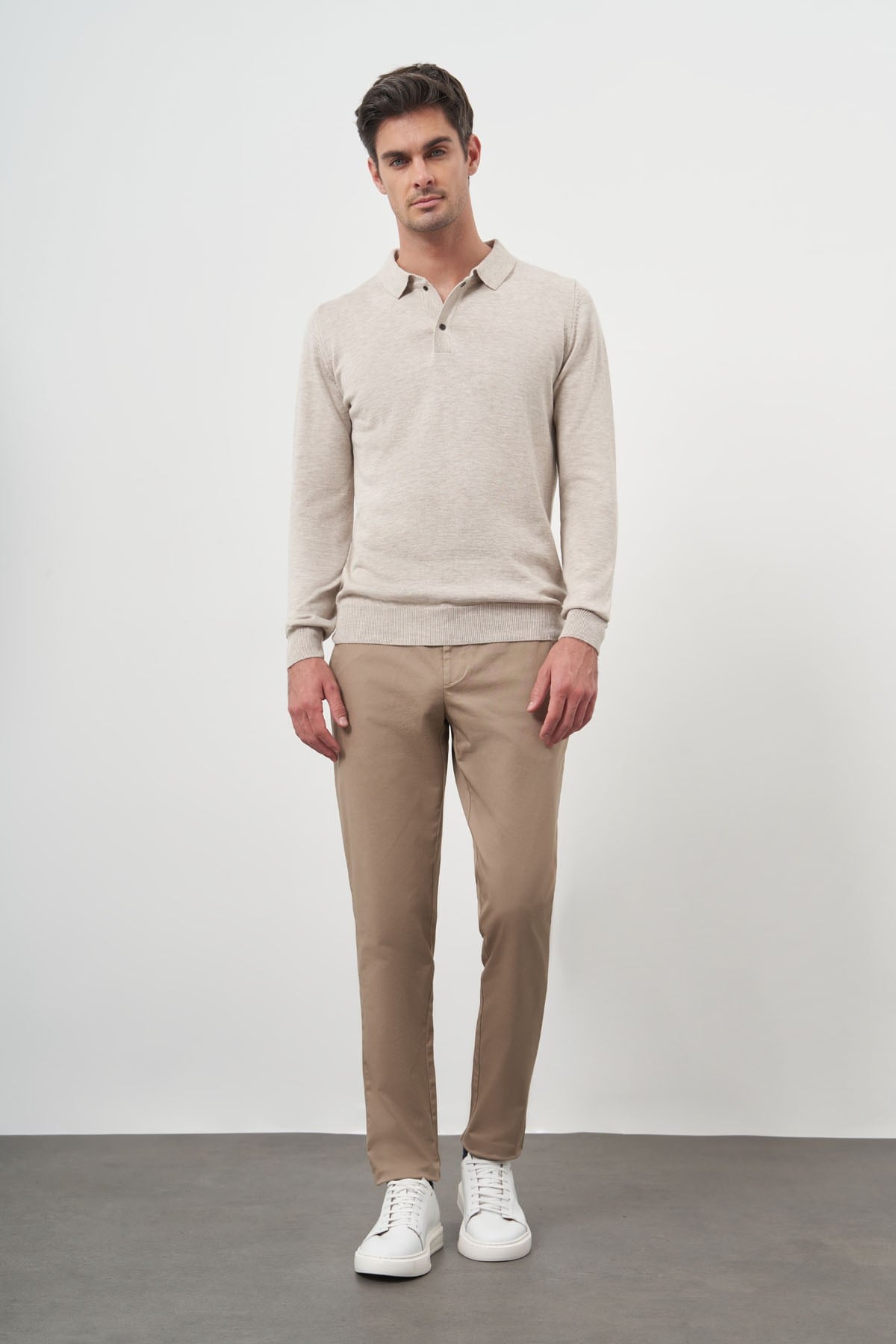 Morven Erkek Bej Basic Polo Yaka Dynamic Fit Rahat Kesim Triko
