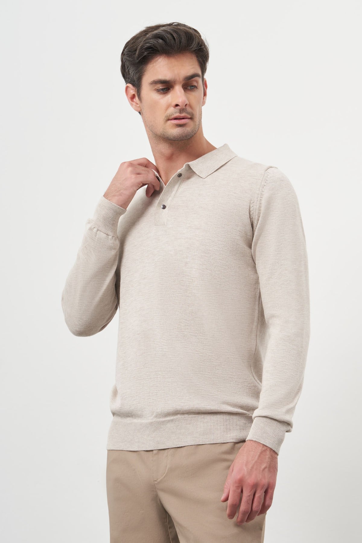 Morven Erkek Bej Basic Polo Yaka Dynamic Fit Rahat Kesim Triko