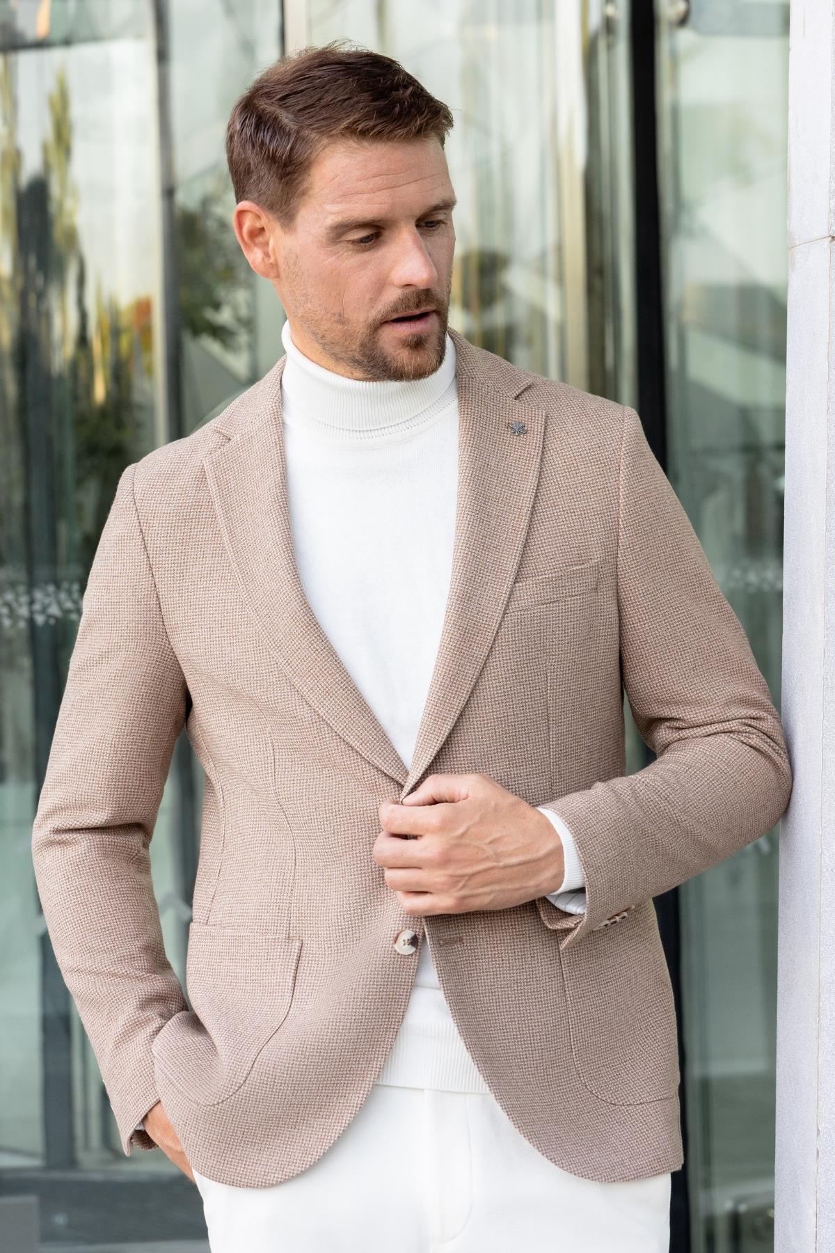 Morven Erkek Bej Dokuma Slim Fit Mono Yaka Ceket