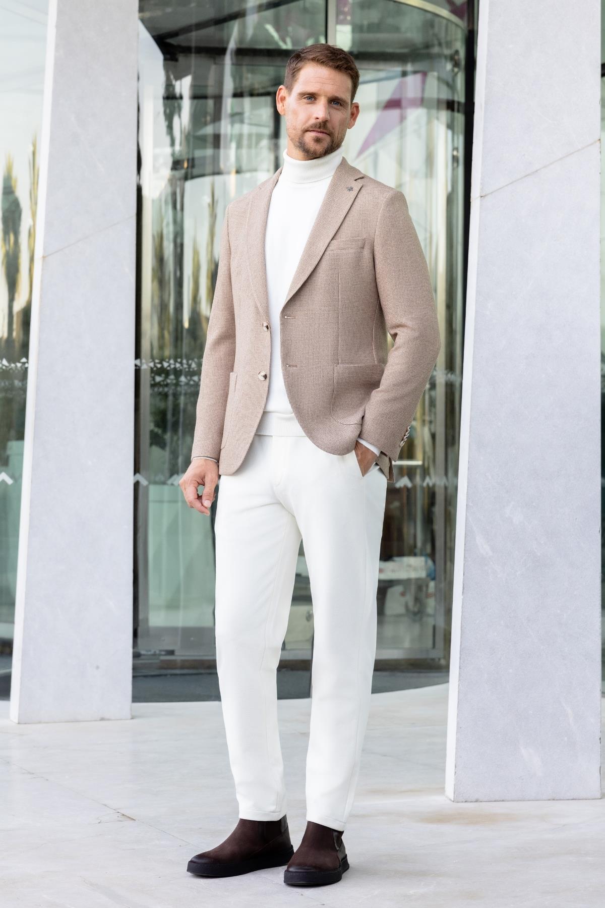 Morven Erkek Bej Dokuma Slim Fit Mono Yaka Ceket