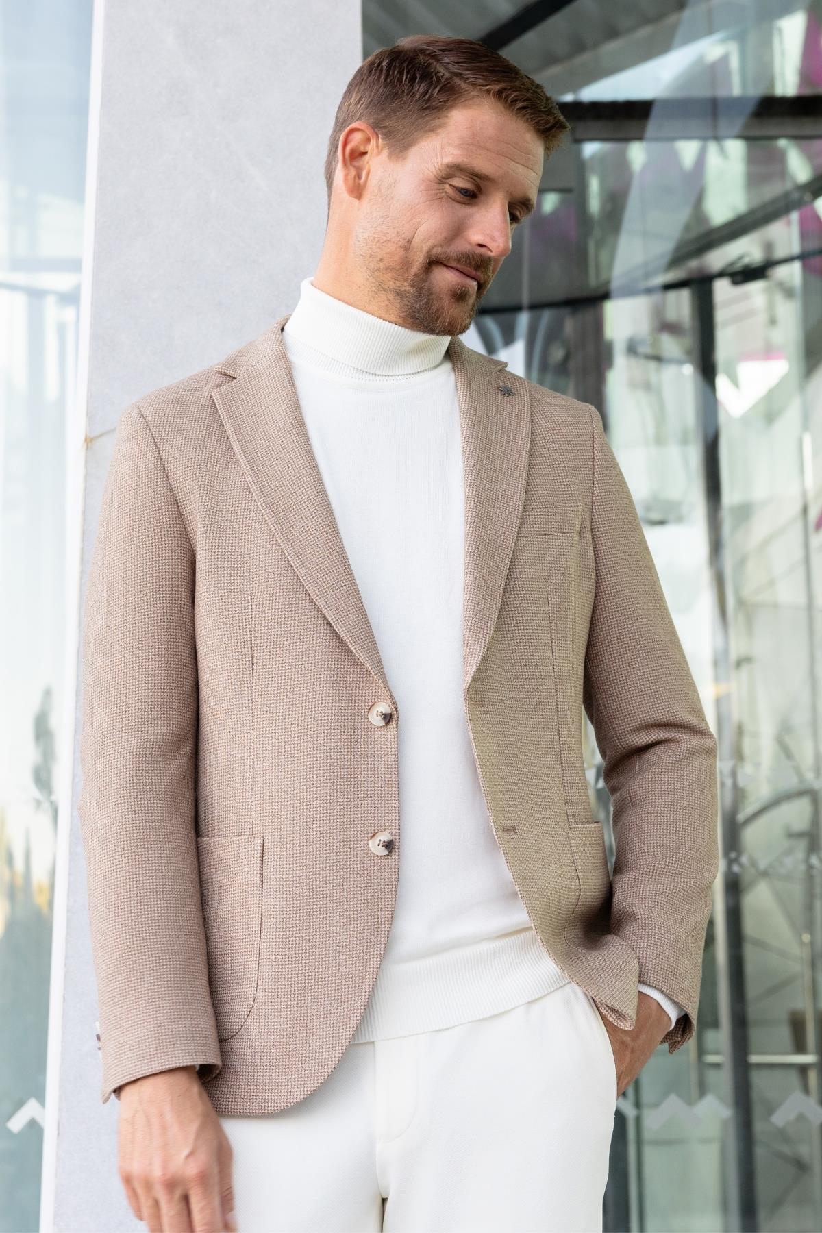Morven Erkek Bej Dokuma Slim Fit Mono Yaka Ceket