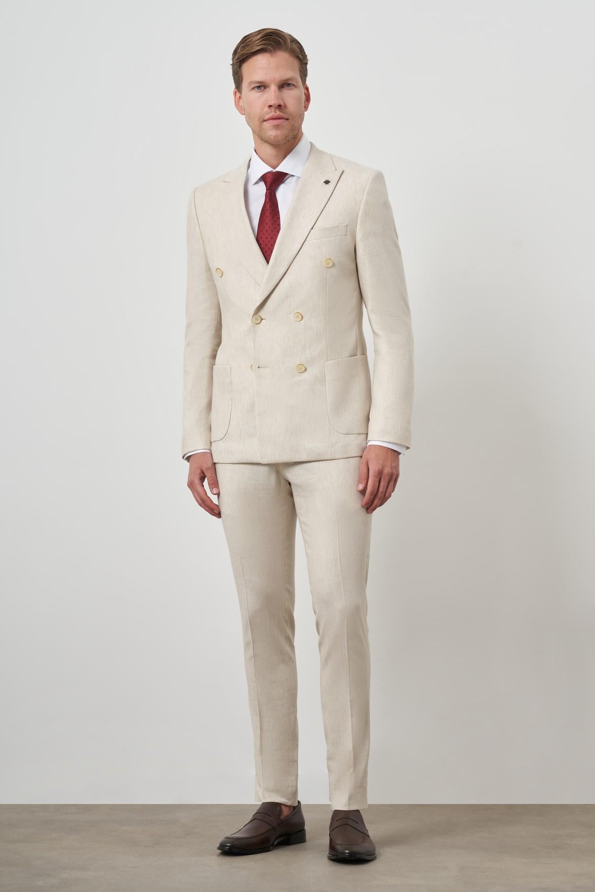 Morven Erkek Bej Keten Kruvaze Slim Fit Sivri Yaka Takım Elbise