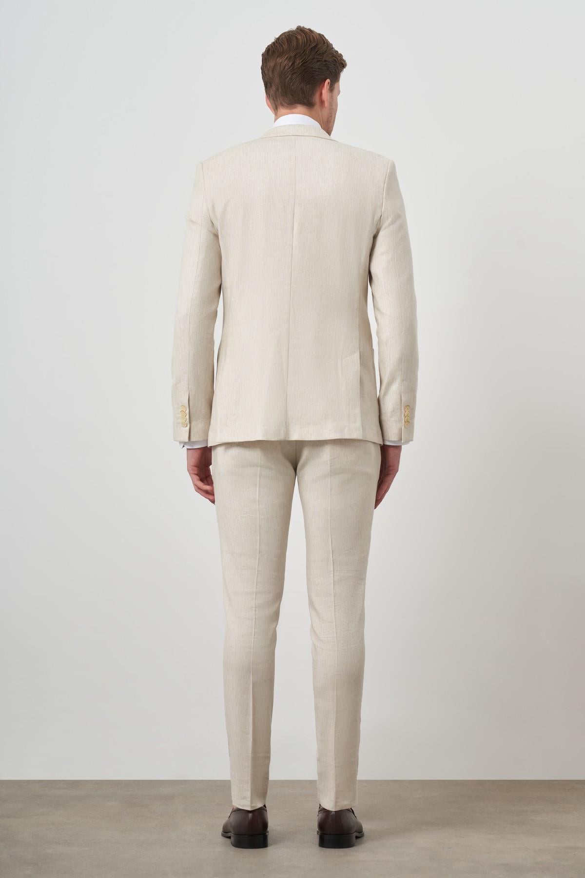 Morven Erkek Bej Keten Kruvaze Slim Fit Sivri Yaka Takım Elbise