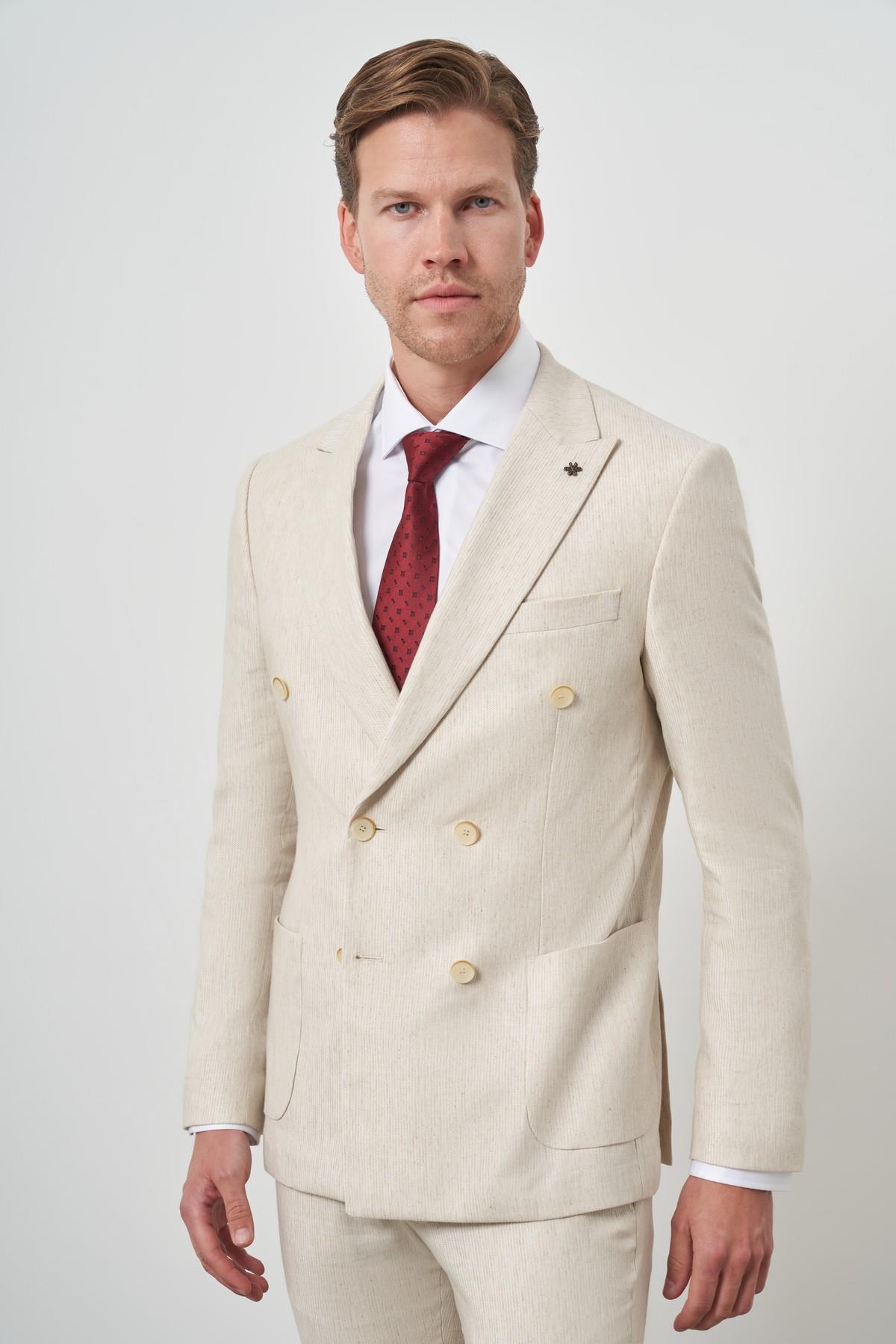 Morven Erkek Bej Keten Kruvaze Slim Fit Sivri Yaka Takım Elbise