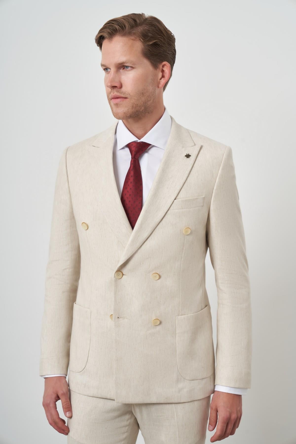Morven Erkek Bej Keten Kruvaze Slim Fit Sivri Yaka Takım Elbise