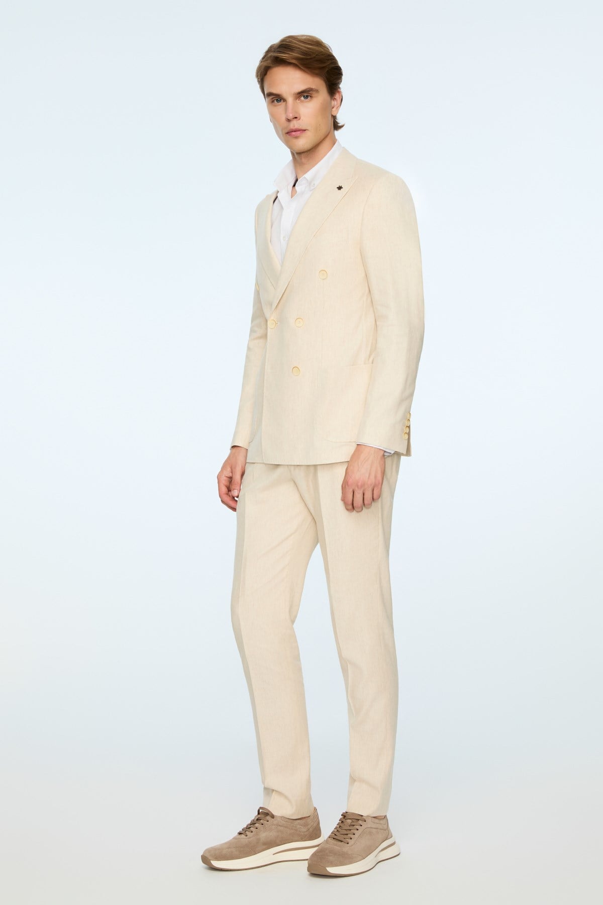 Morven Erkek Bej Keten Trend Desenli Slim Fit Sivri Yaka Kuruvaze Takım Elbise