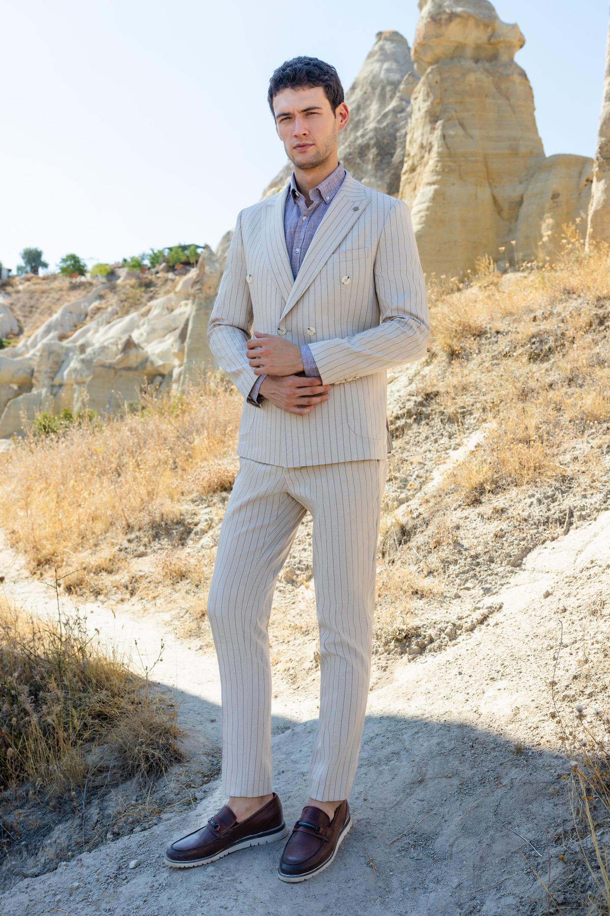 Morven Erkek Bej Keten Trend Kruvaze Slim Fit Sivri Yaka Takım Elbise