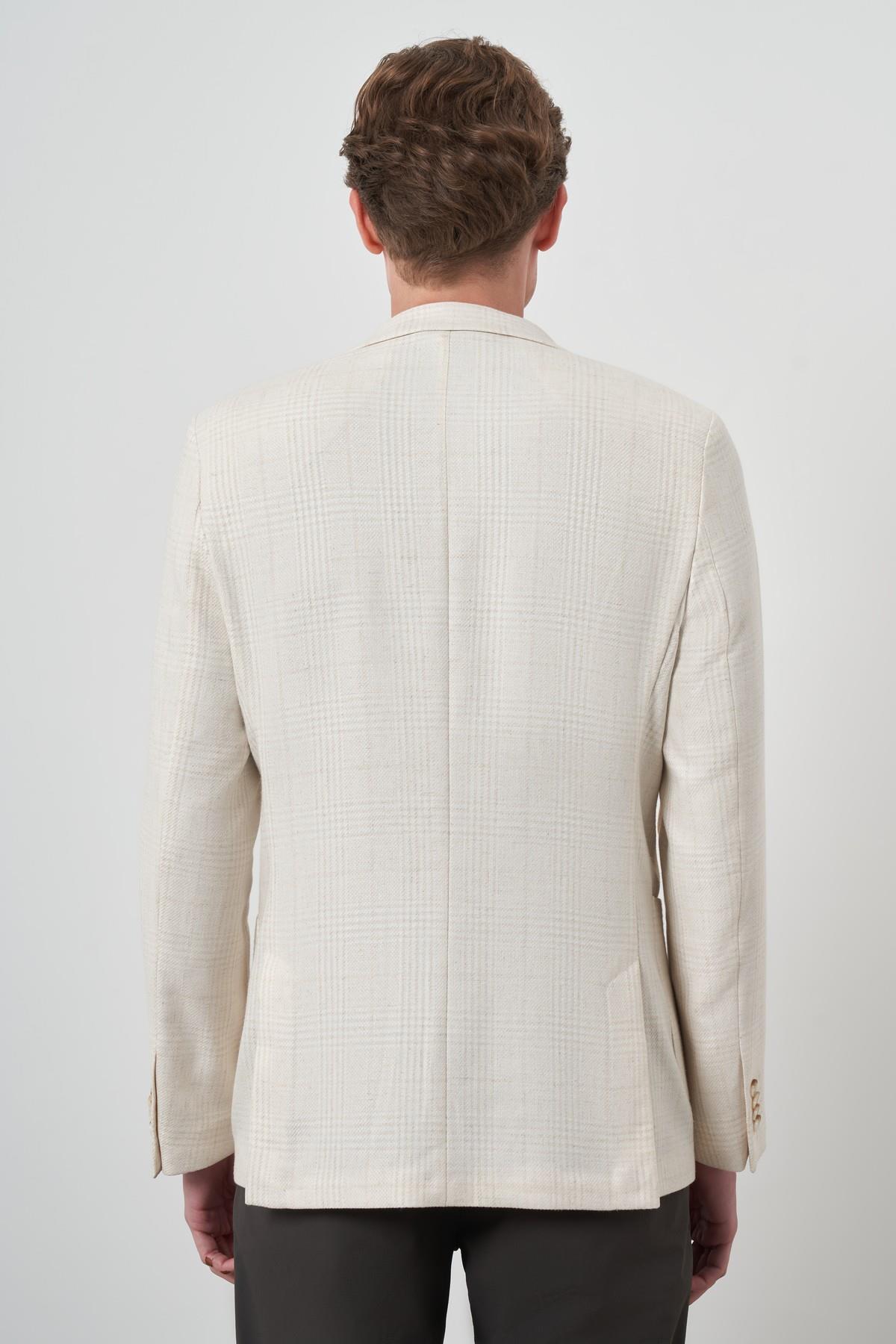 Morven Erkek Bej Keten Trend Slim Fit Mono Yaka Ceket