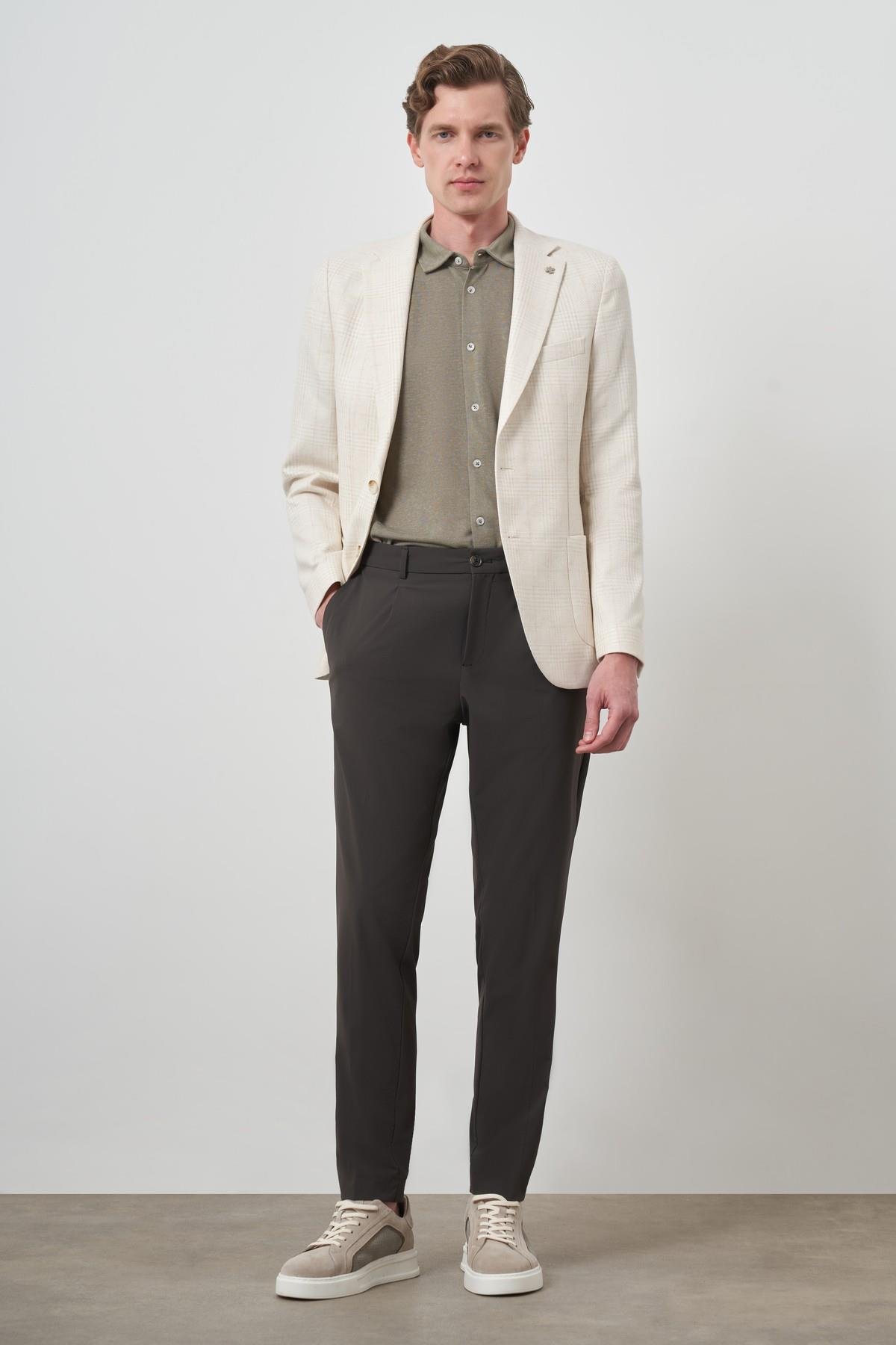 Morven Erkek Bej Keten Trend Slim Fit Mono Yaka Ceket