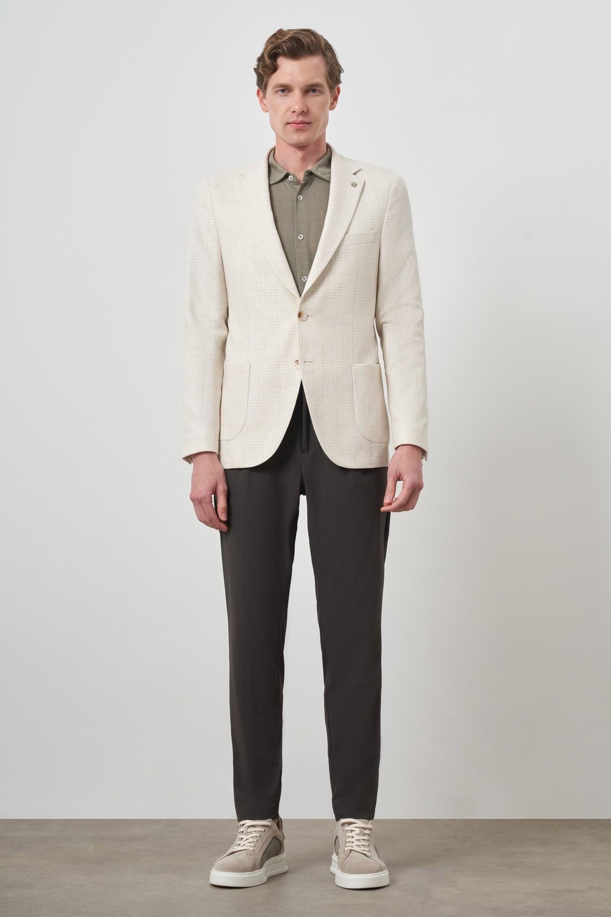 Morven Erkek Bej Keten Trend Slim Fit Mono Yaka Ceket