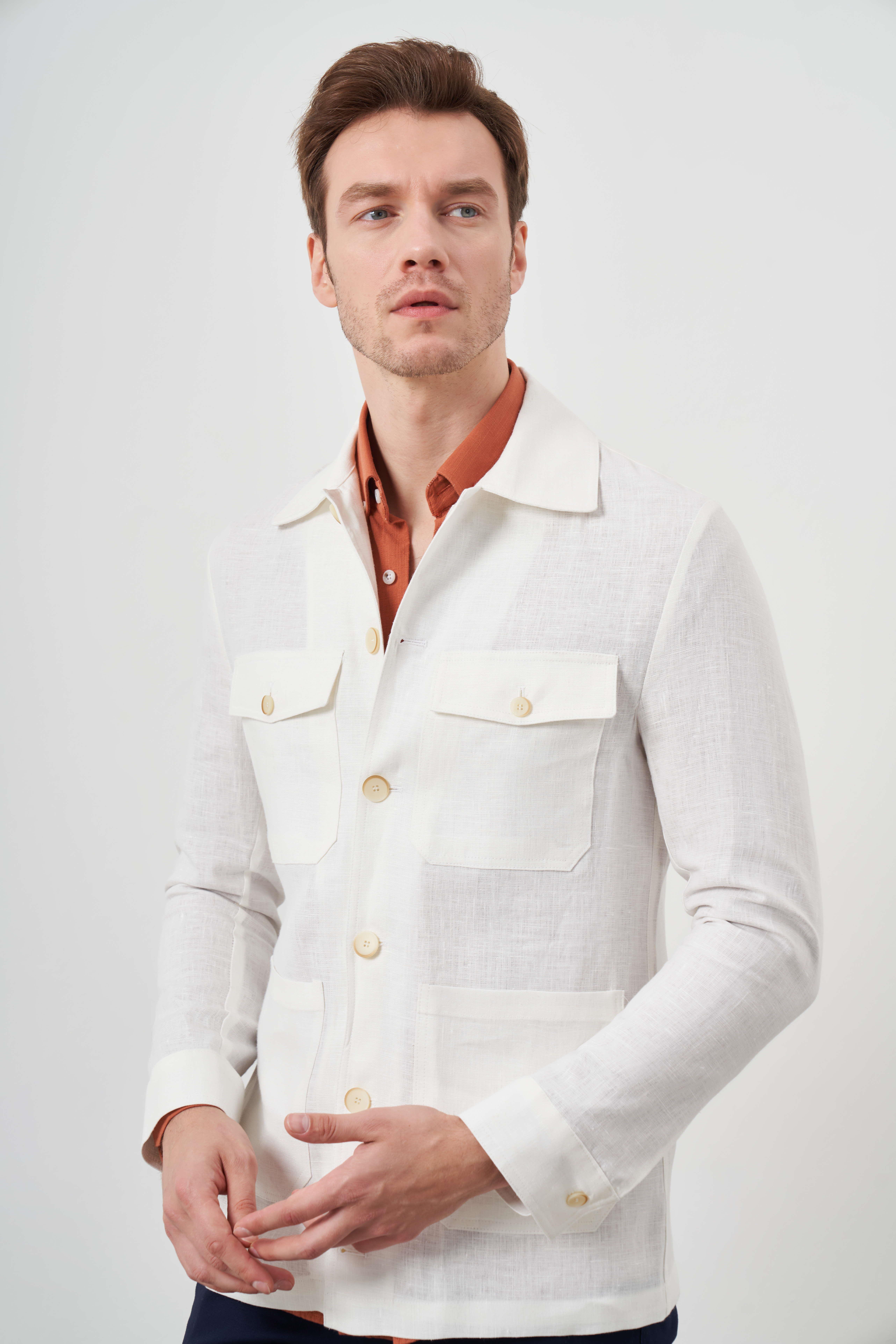 Morven Erkek Bej Keten Worker Gömlek Mont