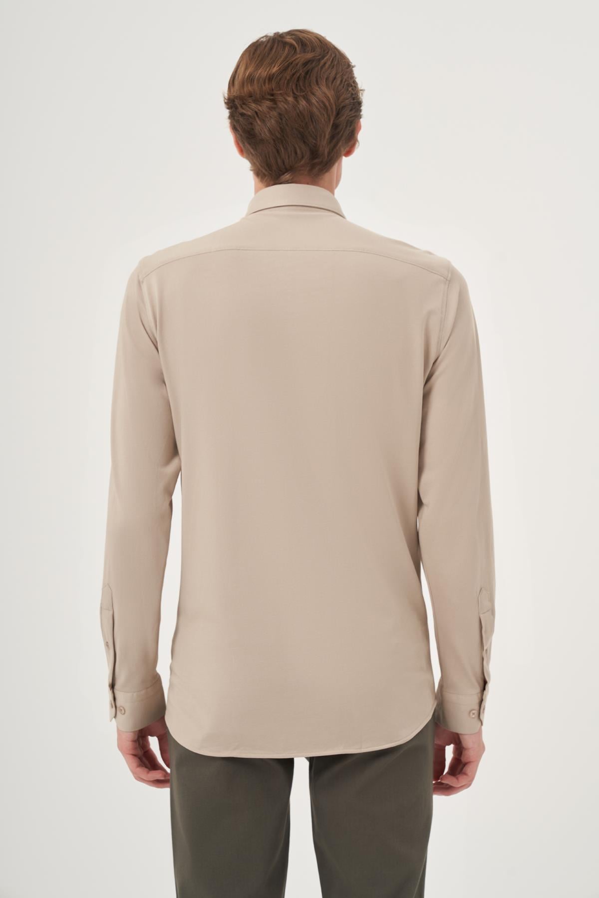 Morven Erkek Bej Örme Slim Fit Düğmeli Yaka Gömlek