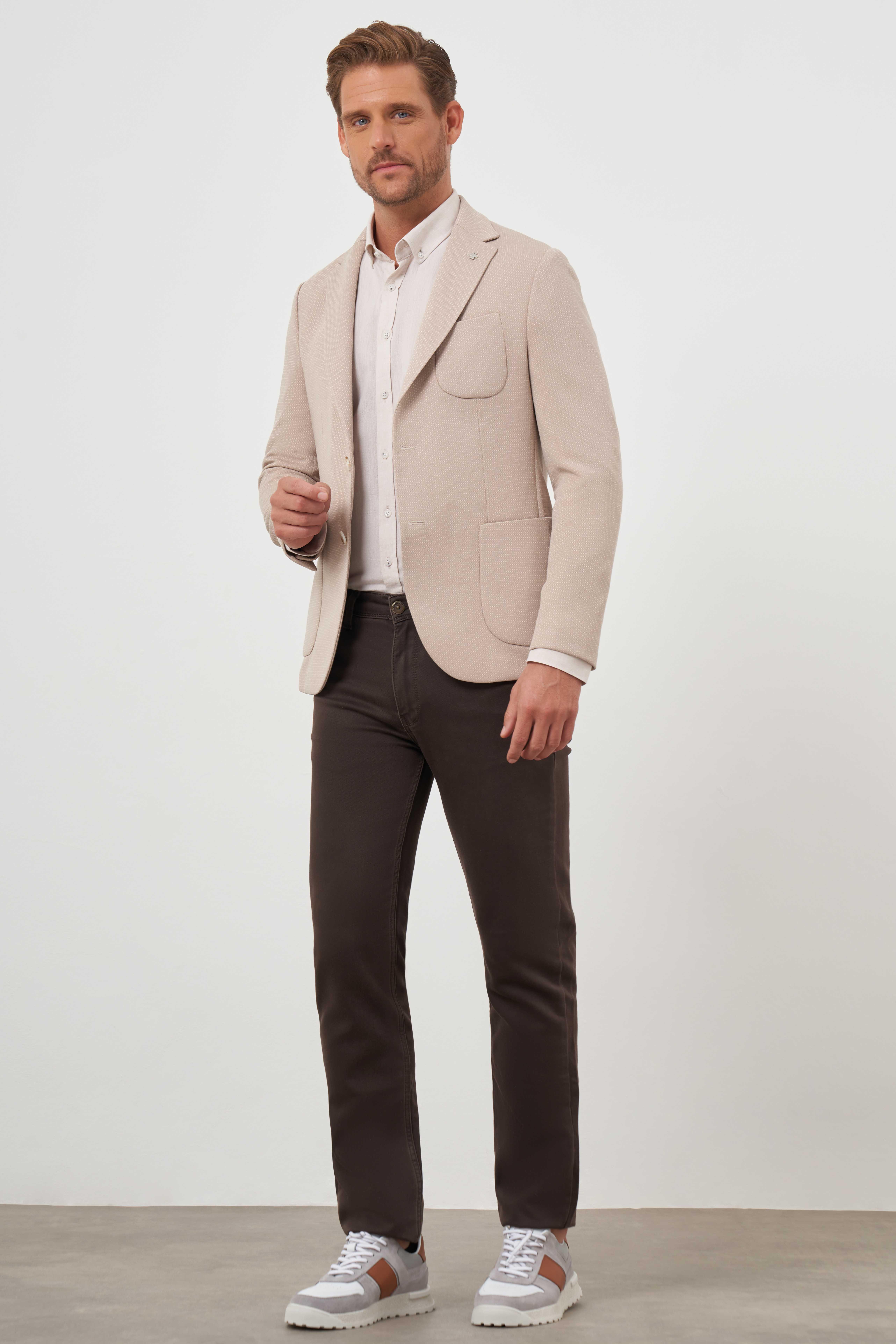 Morven Erkek Bej Örme Slim Fit Torba Cep Mono Yaka Spor Ceket