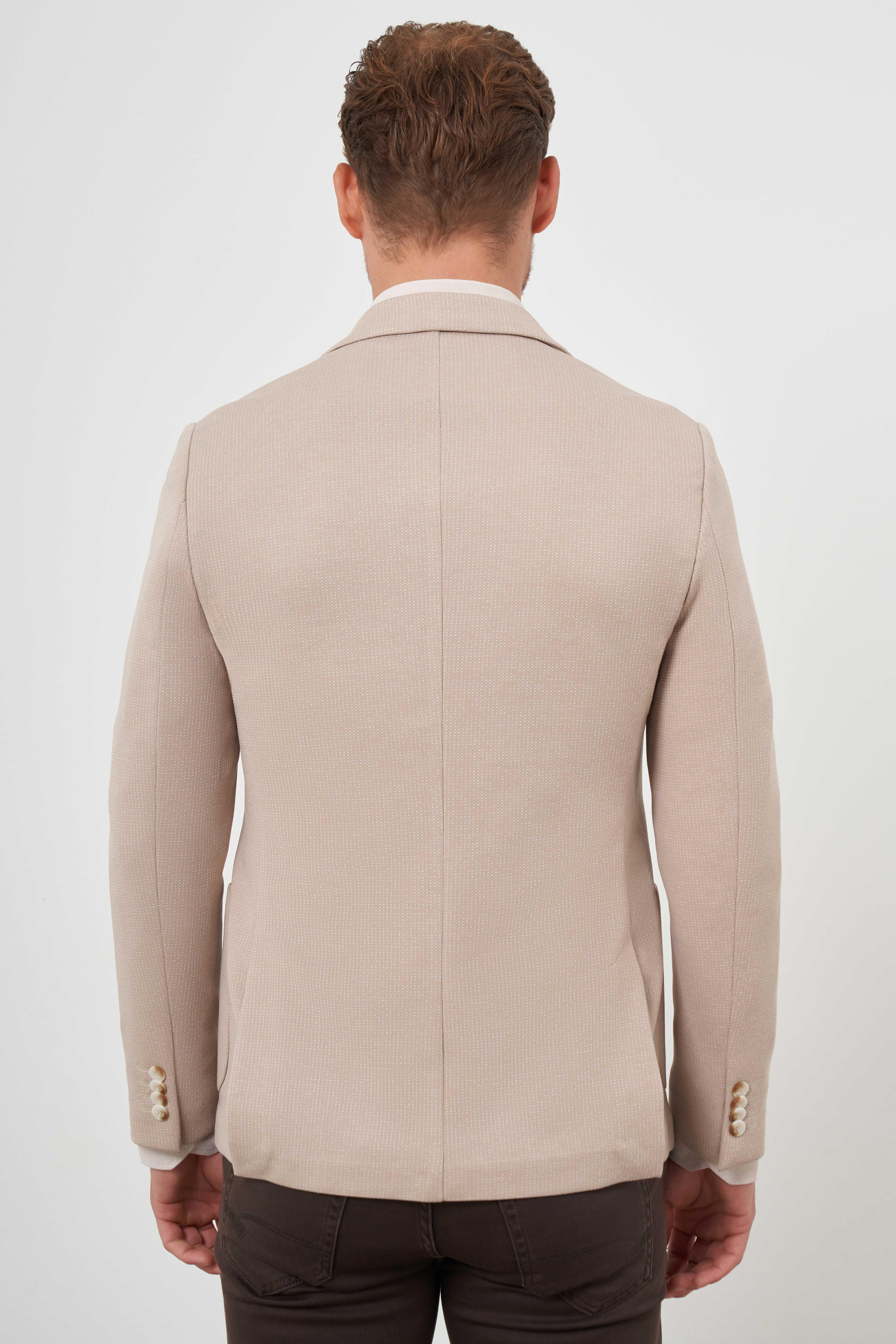 Morven Erkek Bej Örme Slim Fit Torba Cep Mono Yaka Spor Ceket