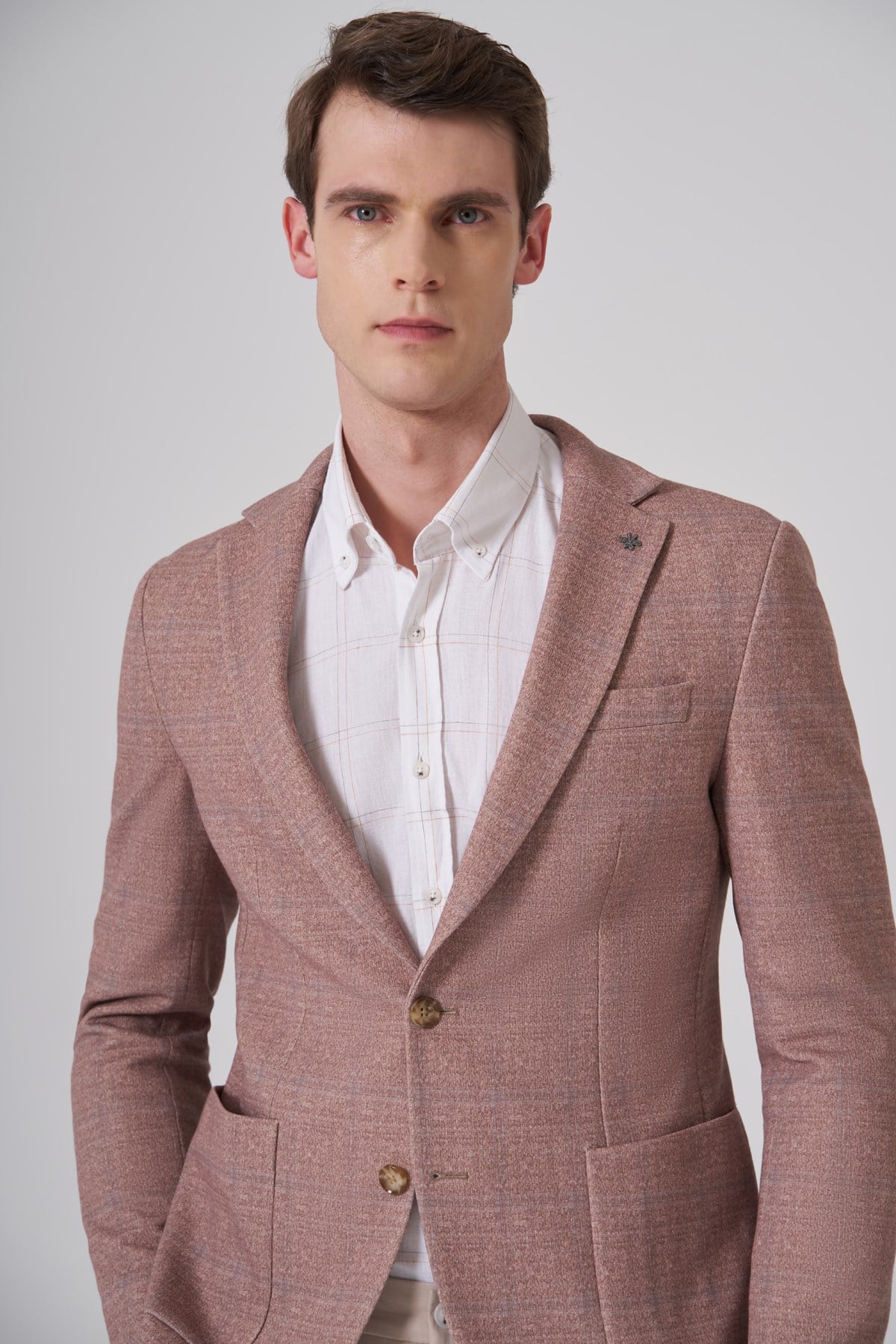 Morven Erkek Bej Örme Trend Kareli Slim Fit Mono Yaka Ceket