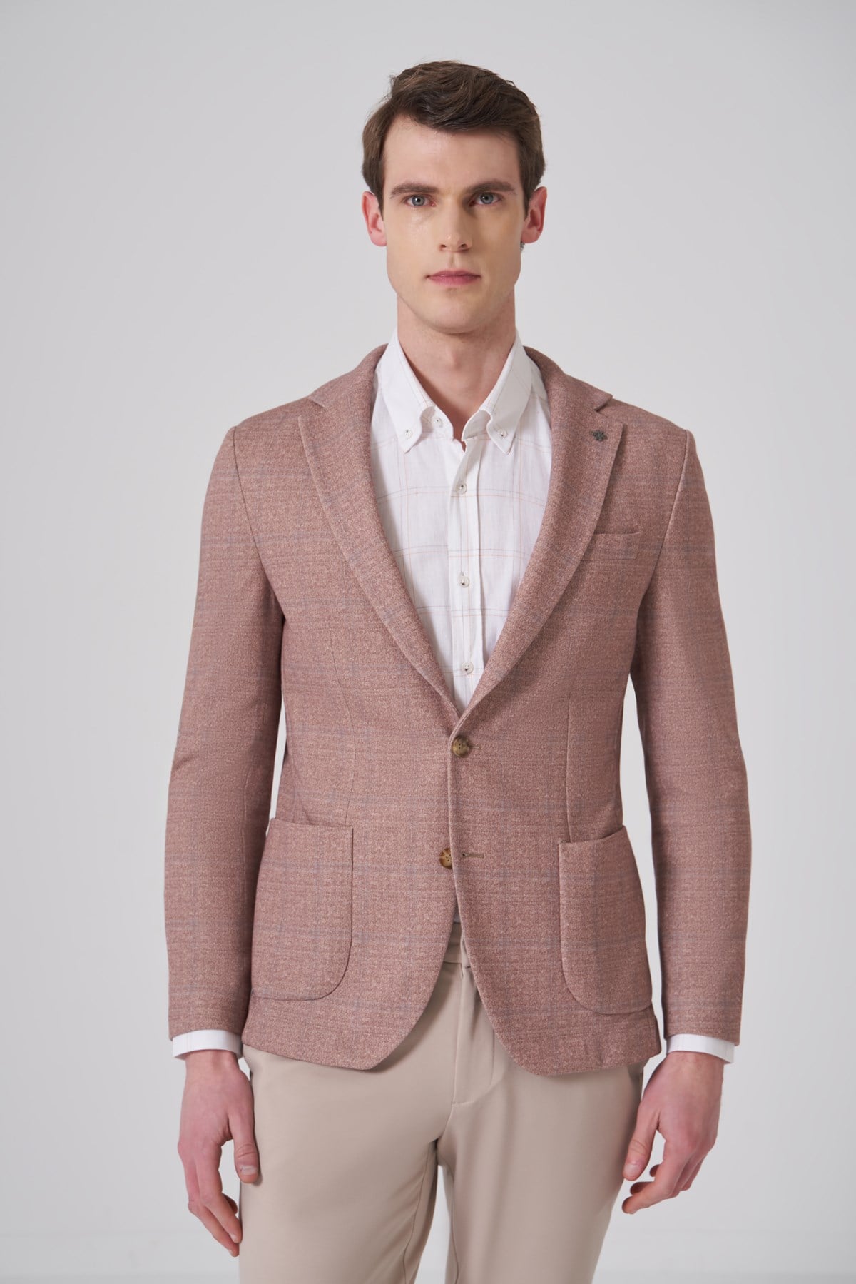 Morven Erkek Bej Örme Trend Kareli Slim Fit Mono Yaka Ceket
