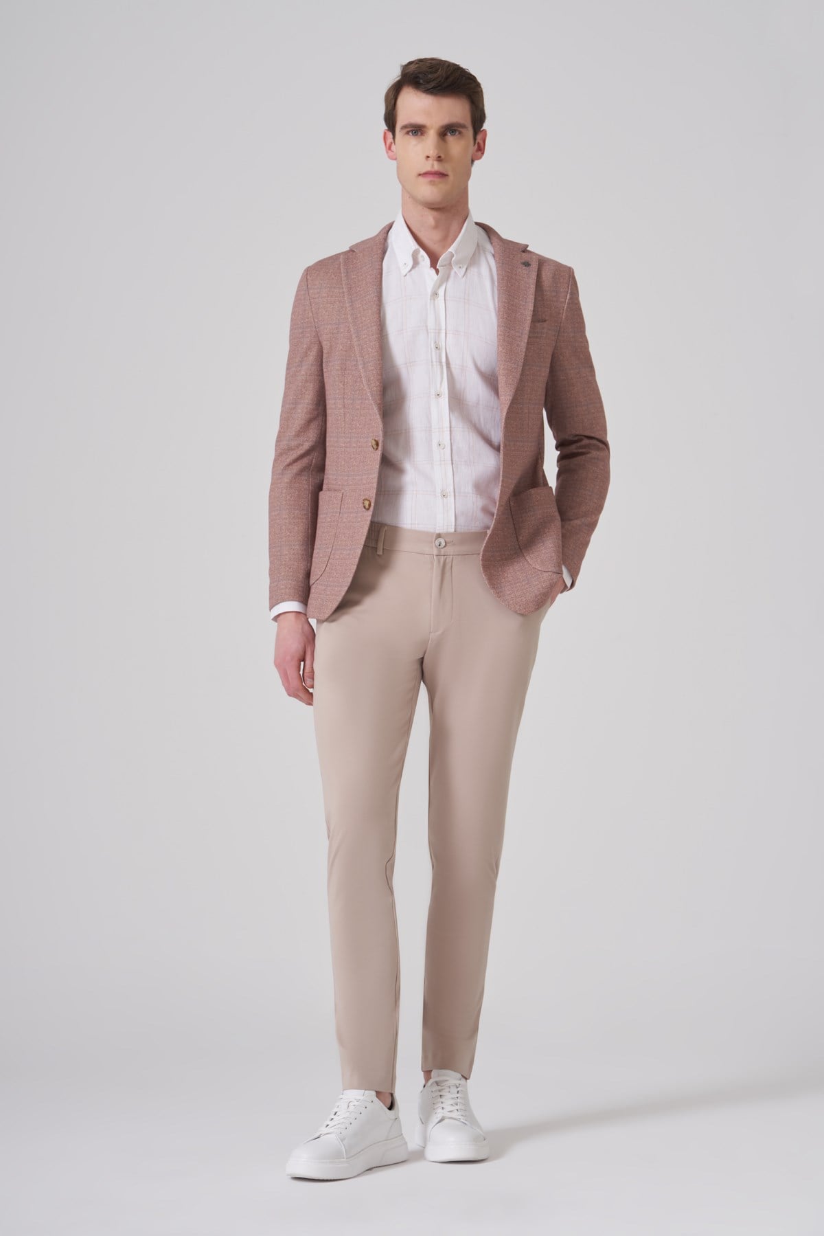 Morven Erkek Bej Örme Trend Kareli Slim Fit Mono Yaka Ceket