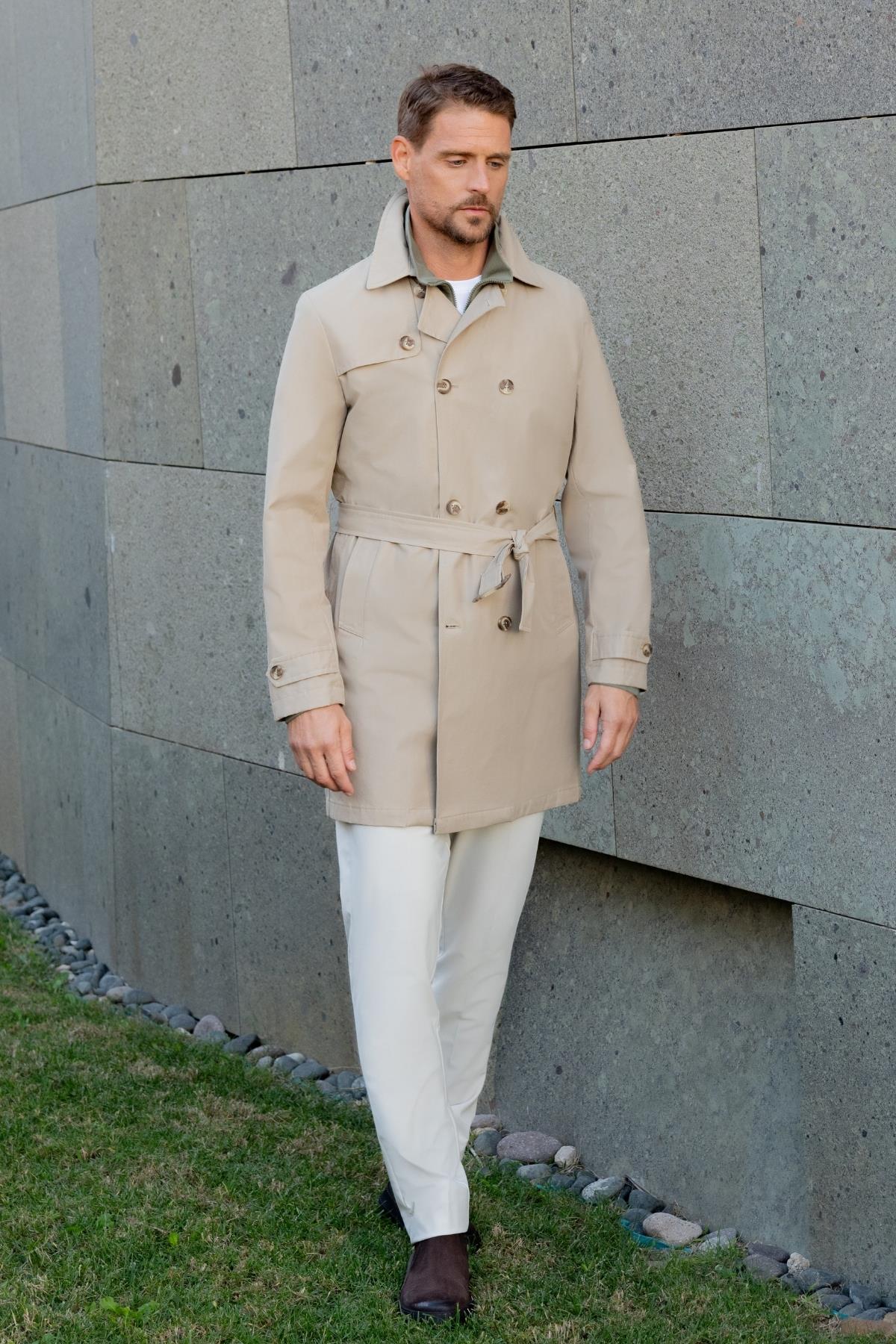 Morven Erkek Bej Poliamit Kemerli Trençkot