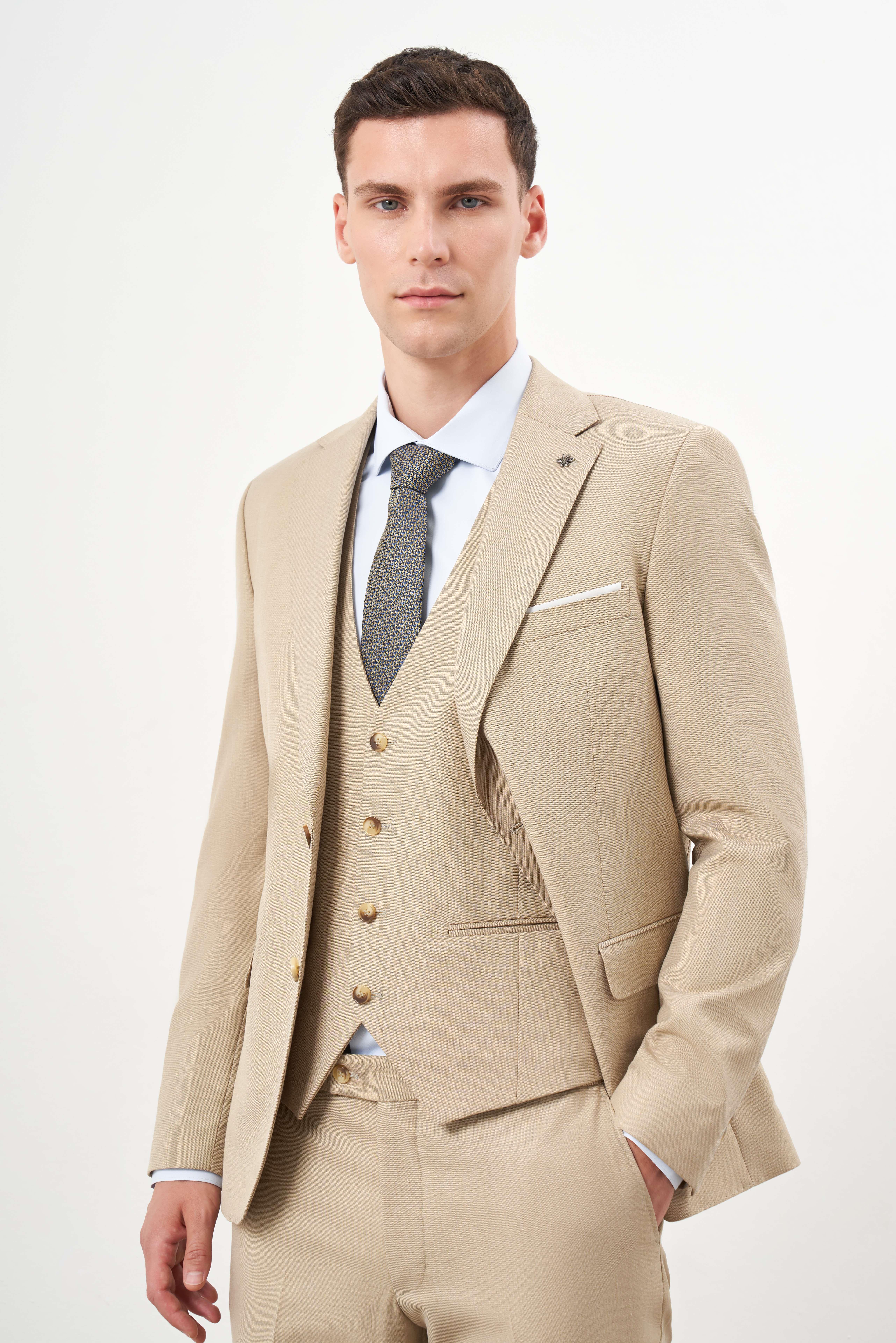 Morven Erkek Bej Poliviskon Basic Yelekli Düz Desen Slim Fit Mono Yaka Takım Elbise