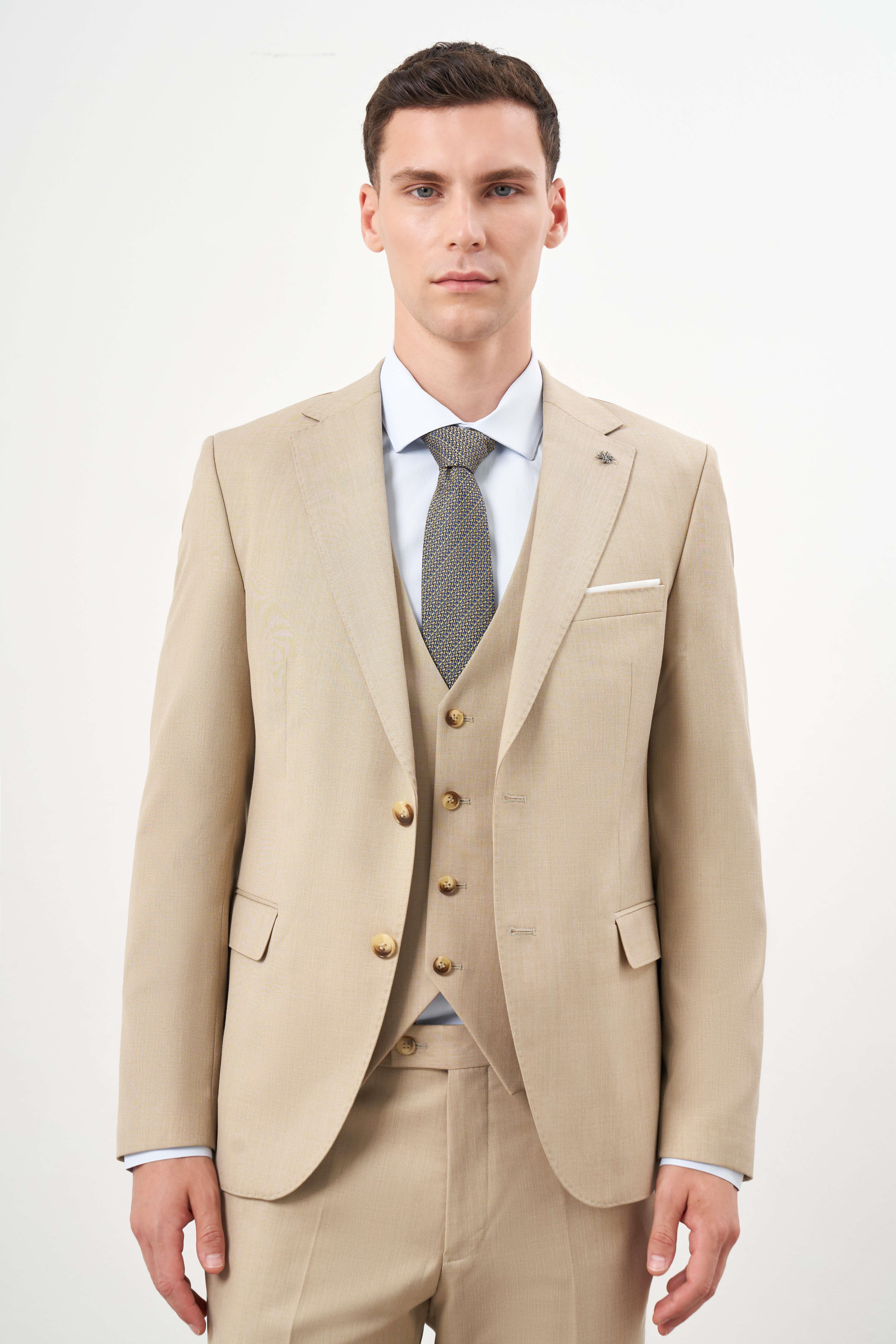 Morven Erkek Bej Poliviskon Basic Yelekli Düz Desen Slim Fit Mono Yaka Takım Elbise