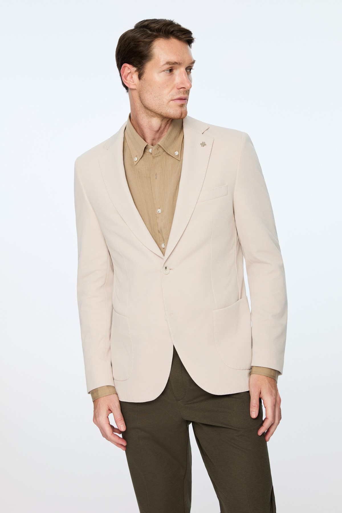 Morven Erkek Bej Poliviskon Trend Desenli Slim Fit Mono Yaka Ceket