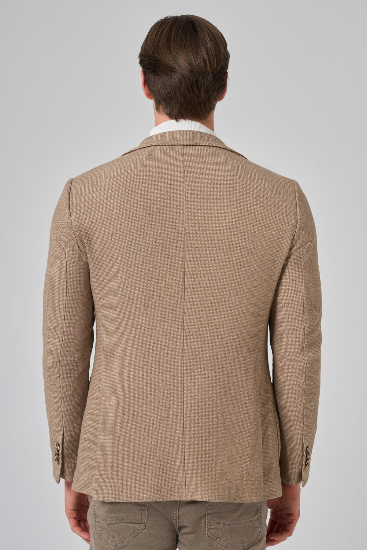 Morven Erkek Bej Poliviskon Trend Desenli Slim Fit Mono Yaka Dokuma Ceket