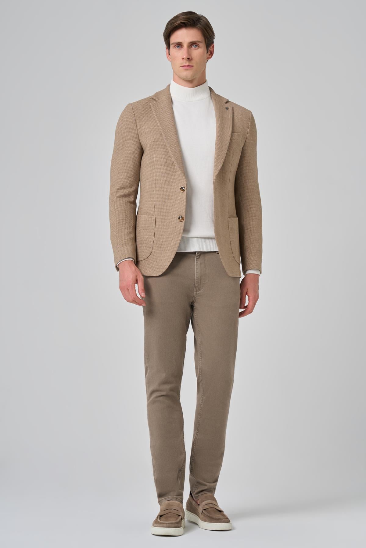 Morven Erkek Bej Poliviskon Trend Desenli Slim Fit Mono Yaka Dokuma Ceket