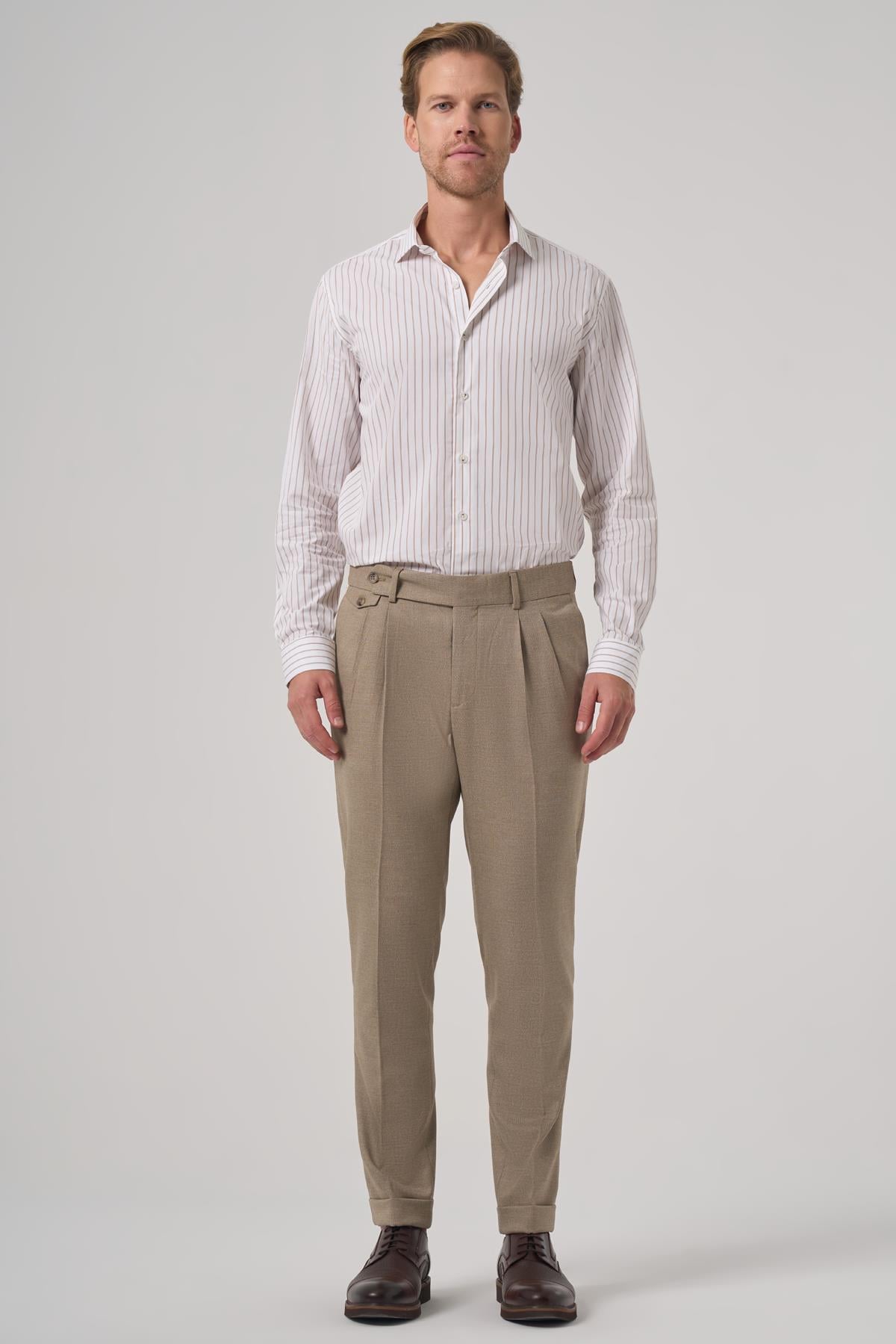 Morven Erkek Bej Poliviskon Trend Desenli Slim Fit Çift Pile Pantolon