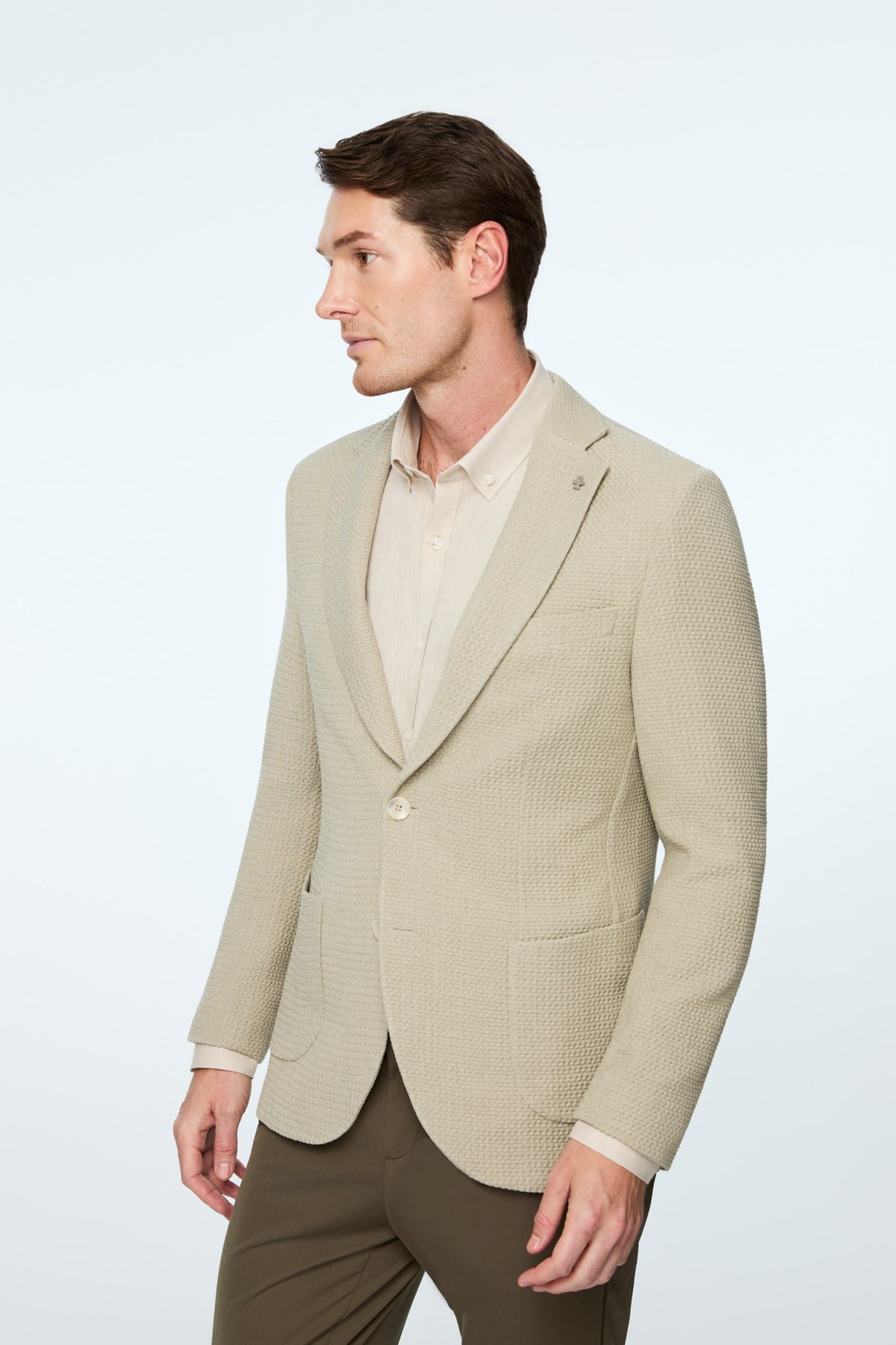 Morven Erkek Bej Poliviskon Trend Desenli Slim Fit Ceket