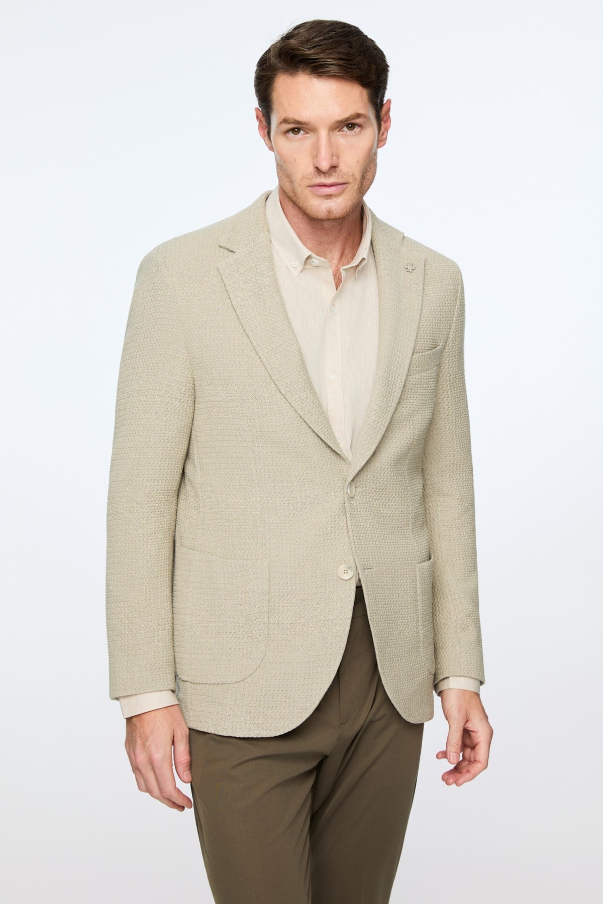 Morven Erkek Bej Poliviskon Trend Desenli Slim Fit Ceket