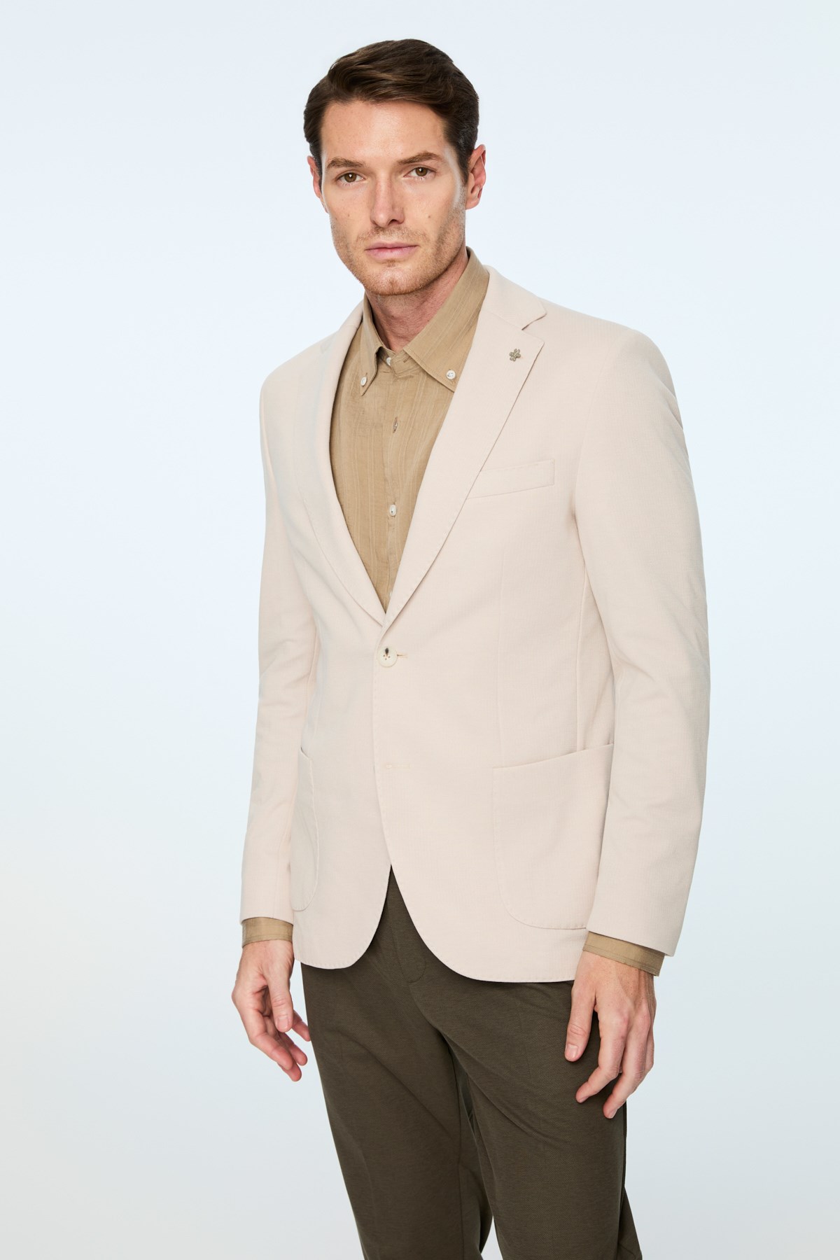 Morven Erkek Bej Poliviskon Trend Desenli Slim Fit Mono Yaka Ceket