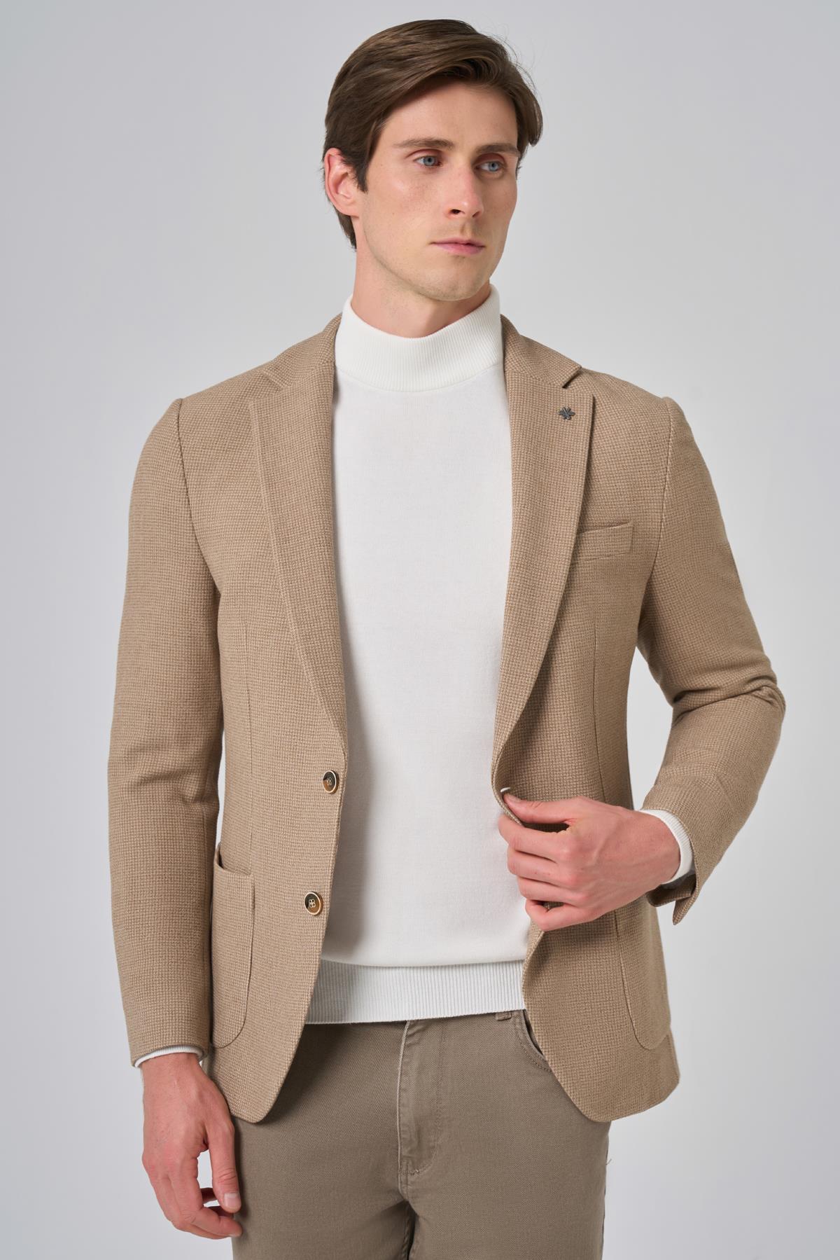 Morven Erkek Bej Poliviskon Trend Desenli Slim Fit Mono Yaka Dokuma Ceket