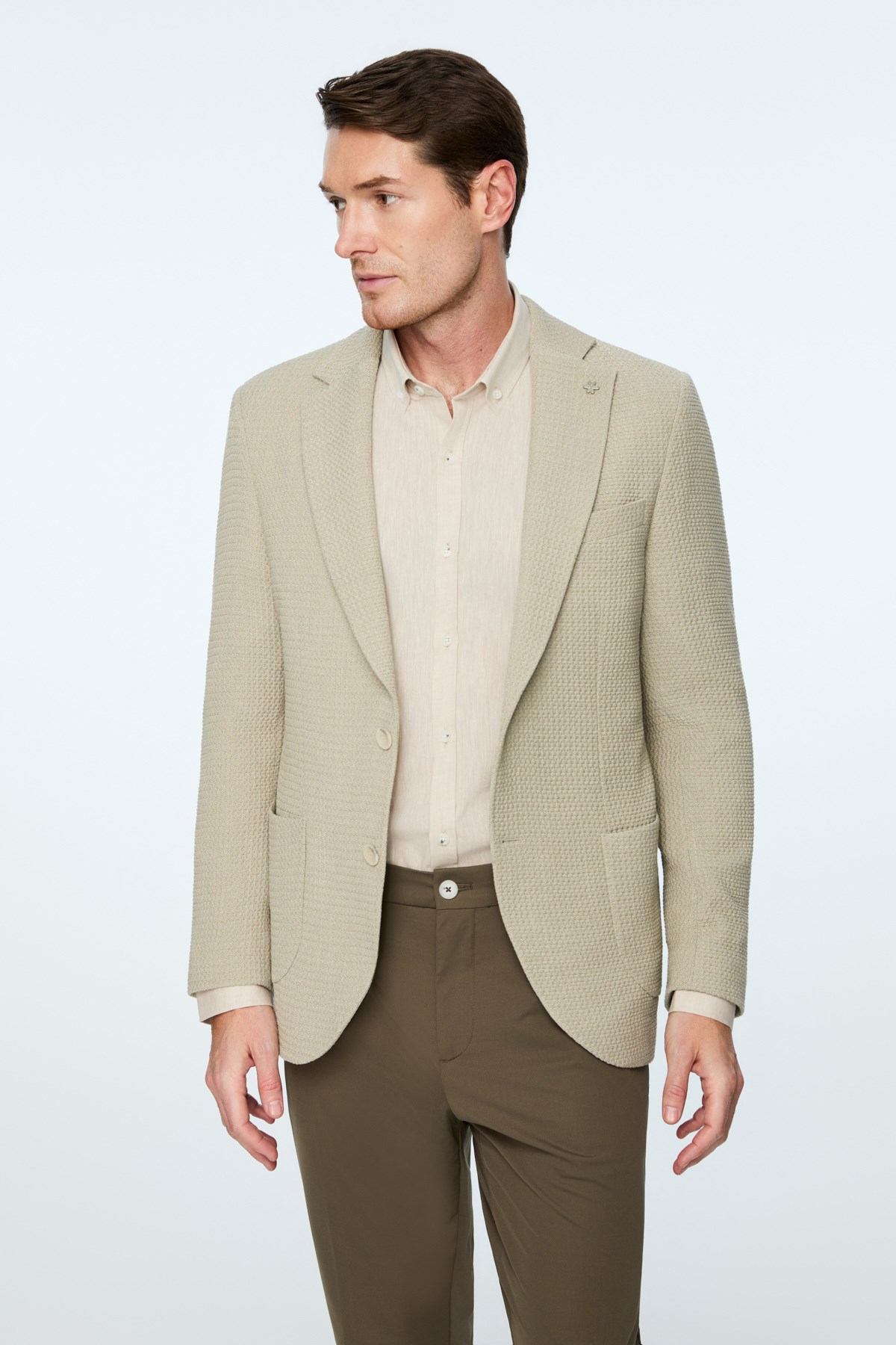 Morven Erkek Bej Poliviskon Trend Desenli Slim Fit Ceket