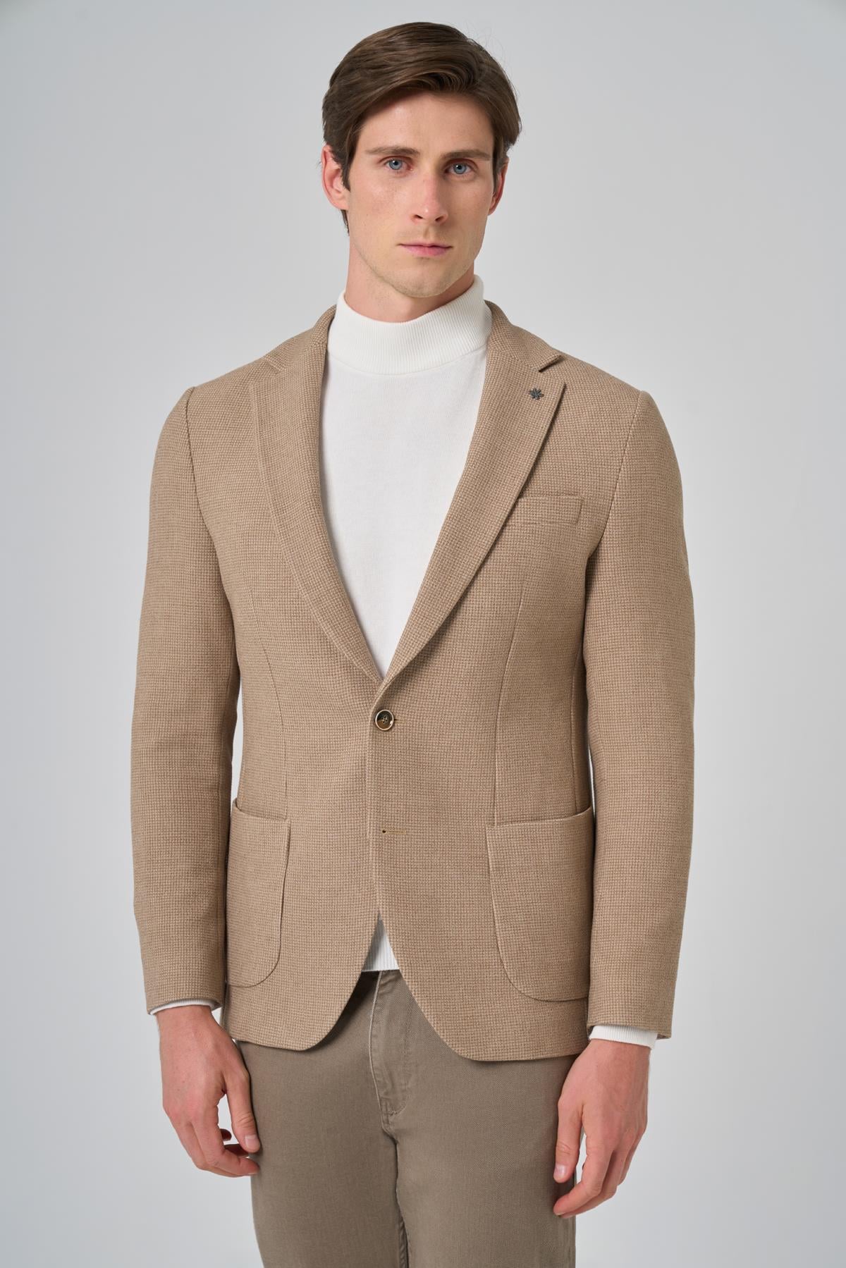 Morven Erkek Bej Poliviskon Trend Desenli Slim Fit Mono Yaka Dokuma Ceket