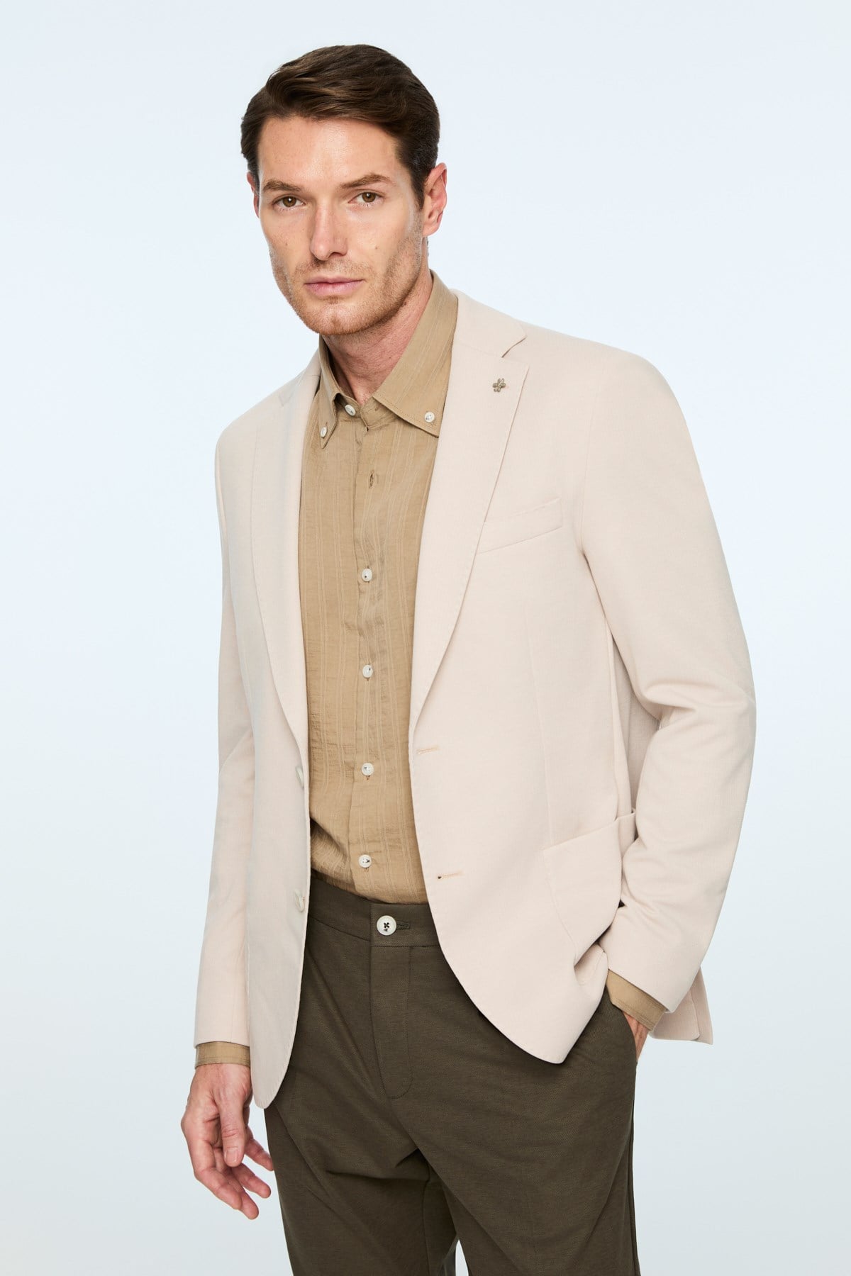 Morven Erkek Bej Poliviskon Trend Desenli Slim Fit Mono Yaka Ceket