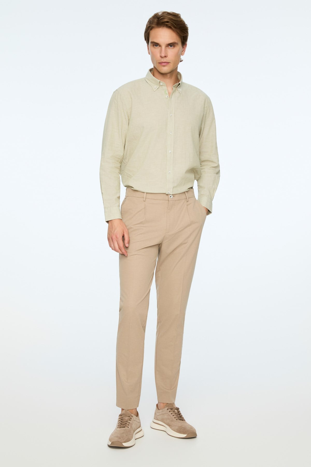 Morven Erkek Bej Poliviskon Trend Düz Slim Fit Pantolon