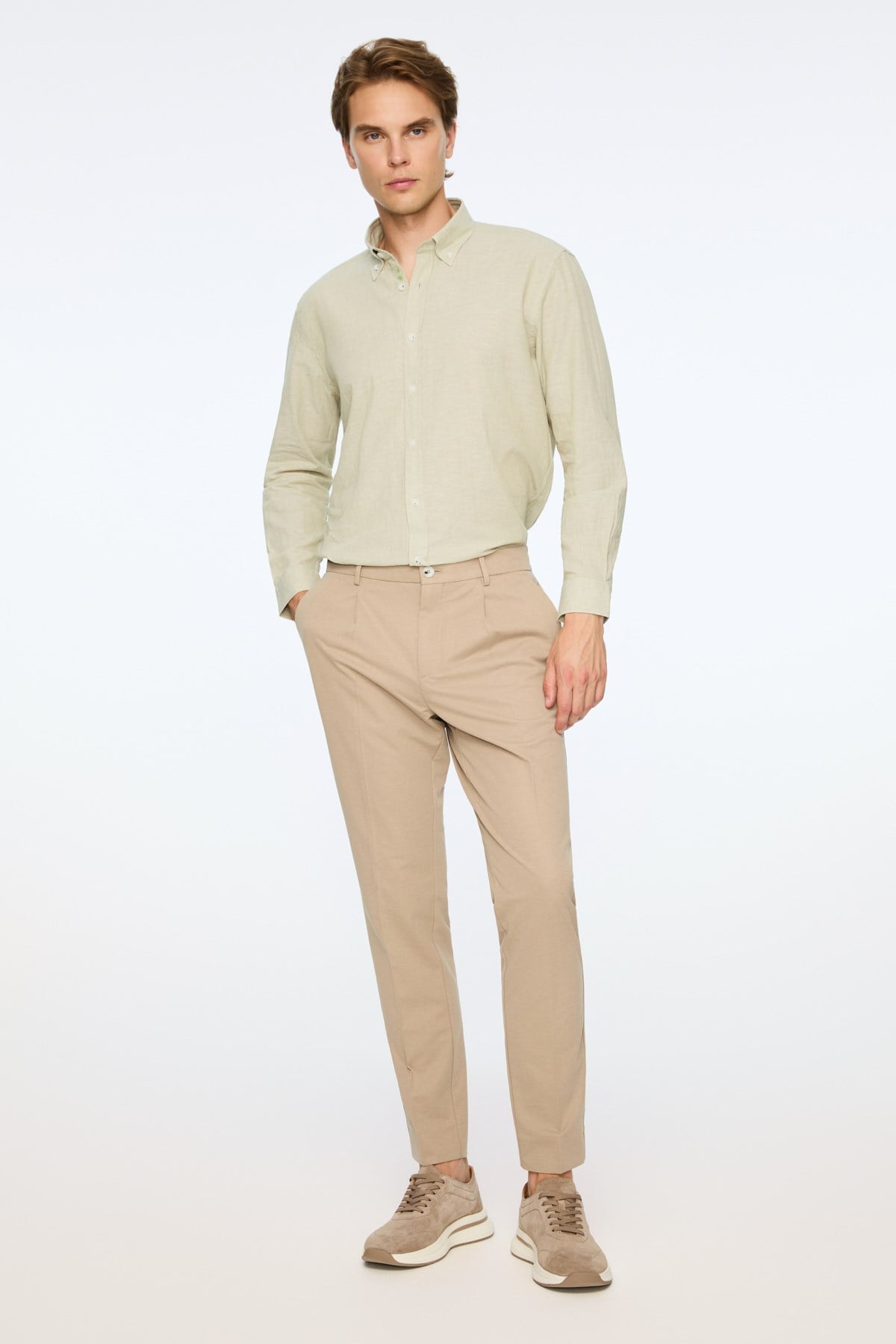 Morven Erkek Bej Poliviskon Trend Düz Slim Fit Pantolon