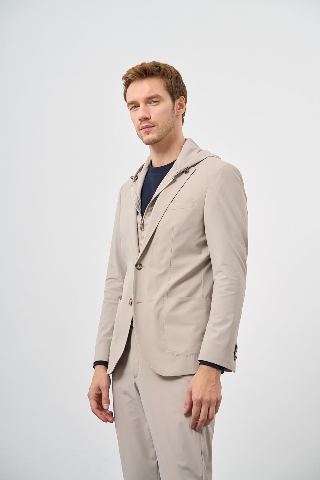 Morven Erkek Bej Polyamide Torba Cep Kapüşonlu Slim Fit Mono Yaka Spor Takım Elbise